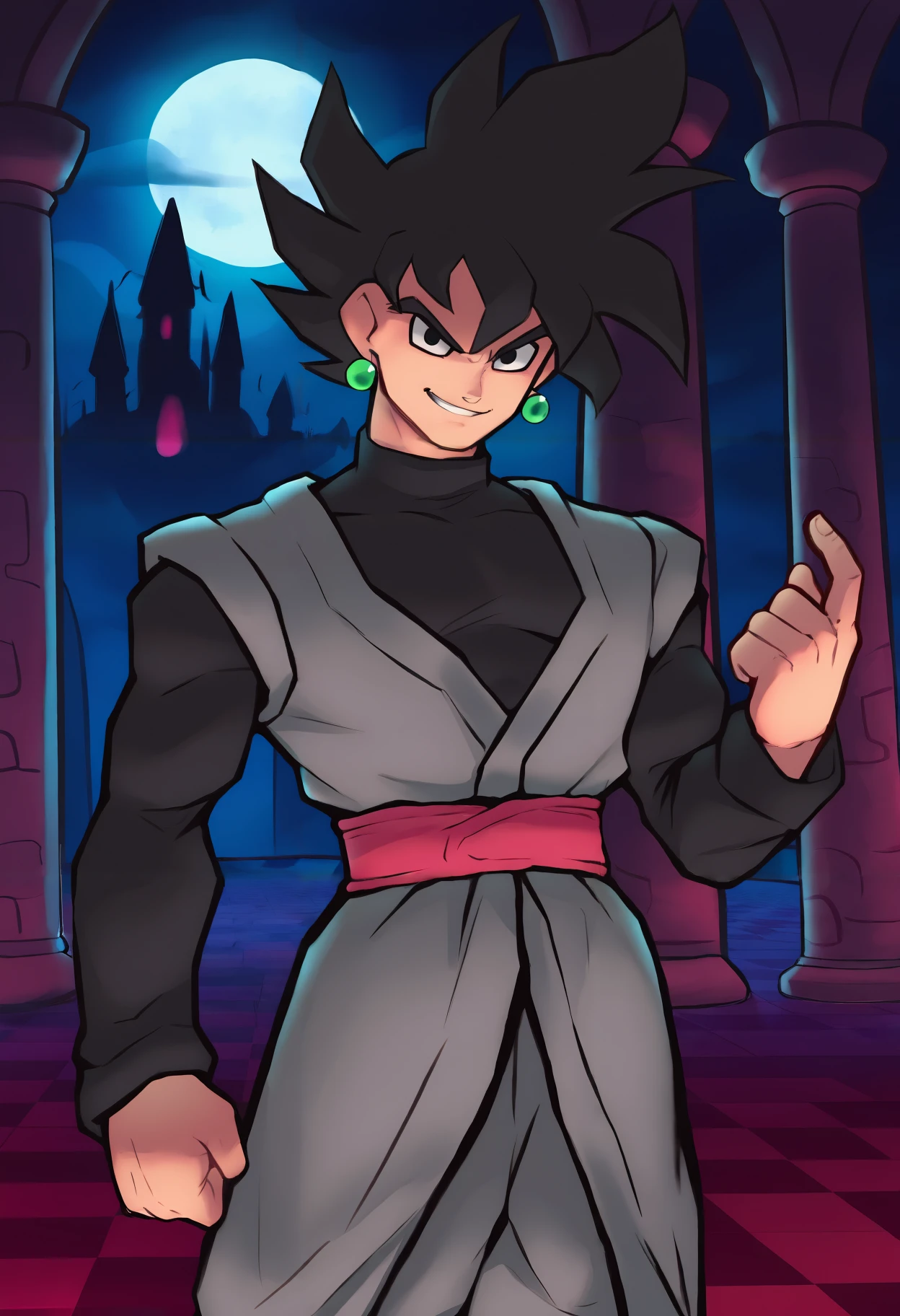 masterpiece, best quality, newest, absurdres, highres, benrawtod, moonlight, castle, checkered floor, indoors, pillar, window, dark, night, closed mouth, looking at viewer, 1boy, solo, goku black, spiked hair, black hair, black eyes, black shirt, long sleeves, potara earrings, grey tunic, grey dougi, red sash, green single earring, smug, grin, beckoning,
<lora:bentodraws Illustrious:1>