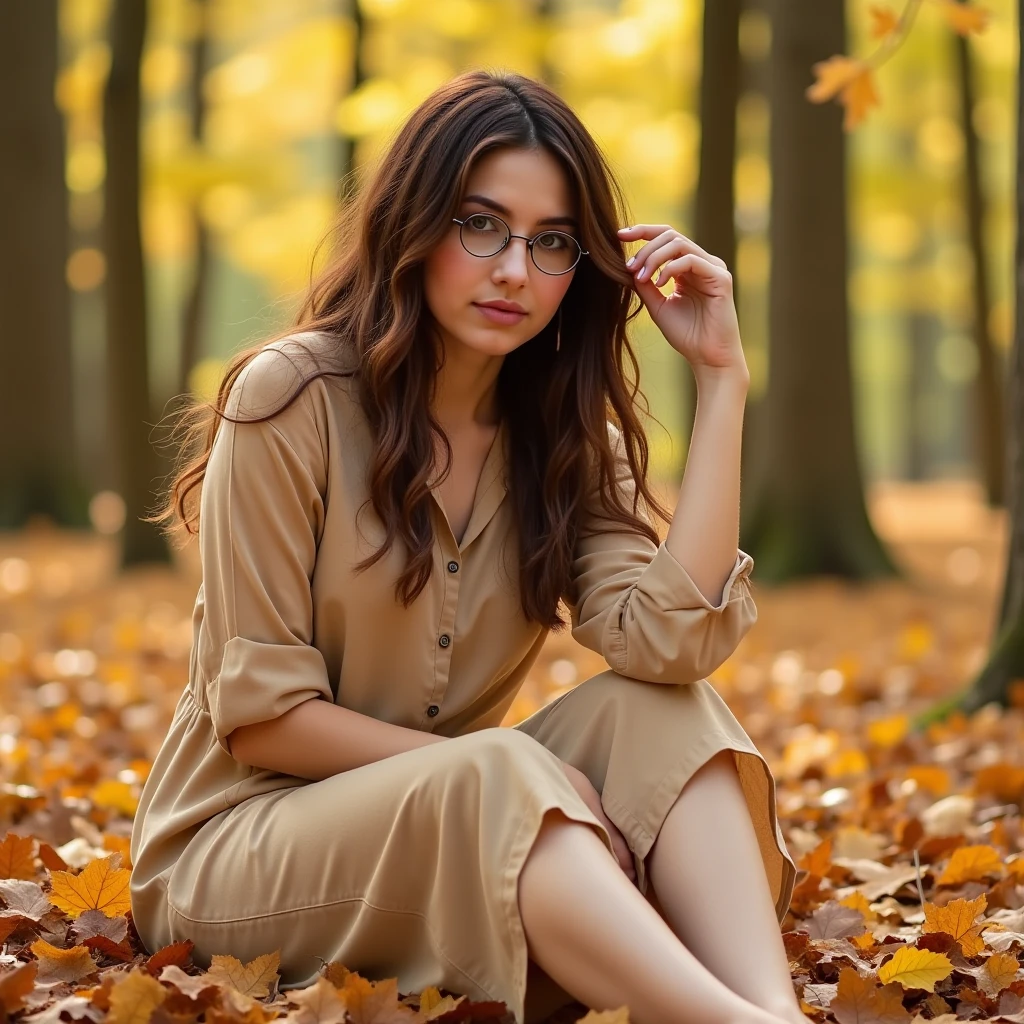 full-body portrait photograph of a woman sitting on a bed of autumn leaves. She is wearing small round wire-frame glasses. Her right arm is touching her hair. She has long curly brown hair, she is wearing a beige dress. Golden light is falling through the trees. Low camera angle. Side angle shot. <lora:WireframeGlasses-RoundSmall_rank4_fp16-step00720:1>