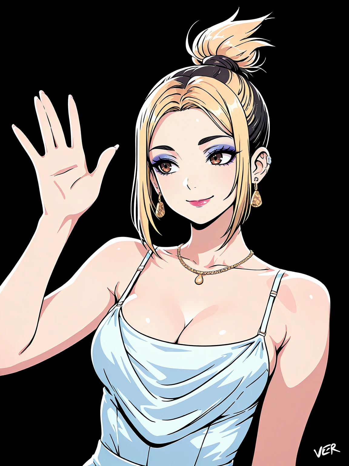 Masterpiece,best quality,1girl,solo,vector art,looking at viewer,smile,waving at viewer,
breasts, looking at viewer, blonde hair, simple background, black hair, dress, cleavage, brown eyes, jewelry, medium breasts, upper body, earrings, signature, necklace,  makeup, piercing, black background, eyeshadow,  topknot, updo , with a edgLevitating hairstyle,with edgLevitating_hairstyle
<lora:edgLevitatingILS:1>