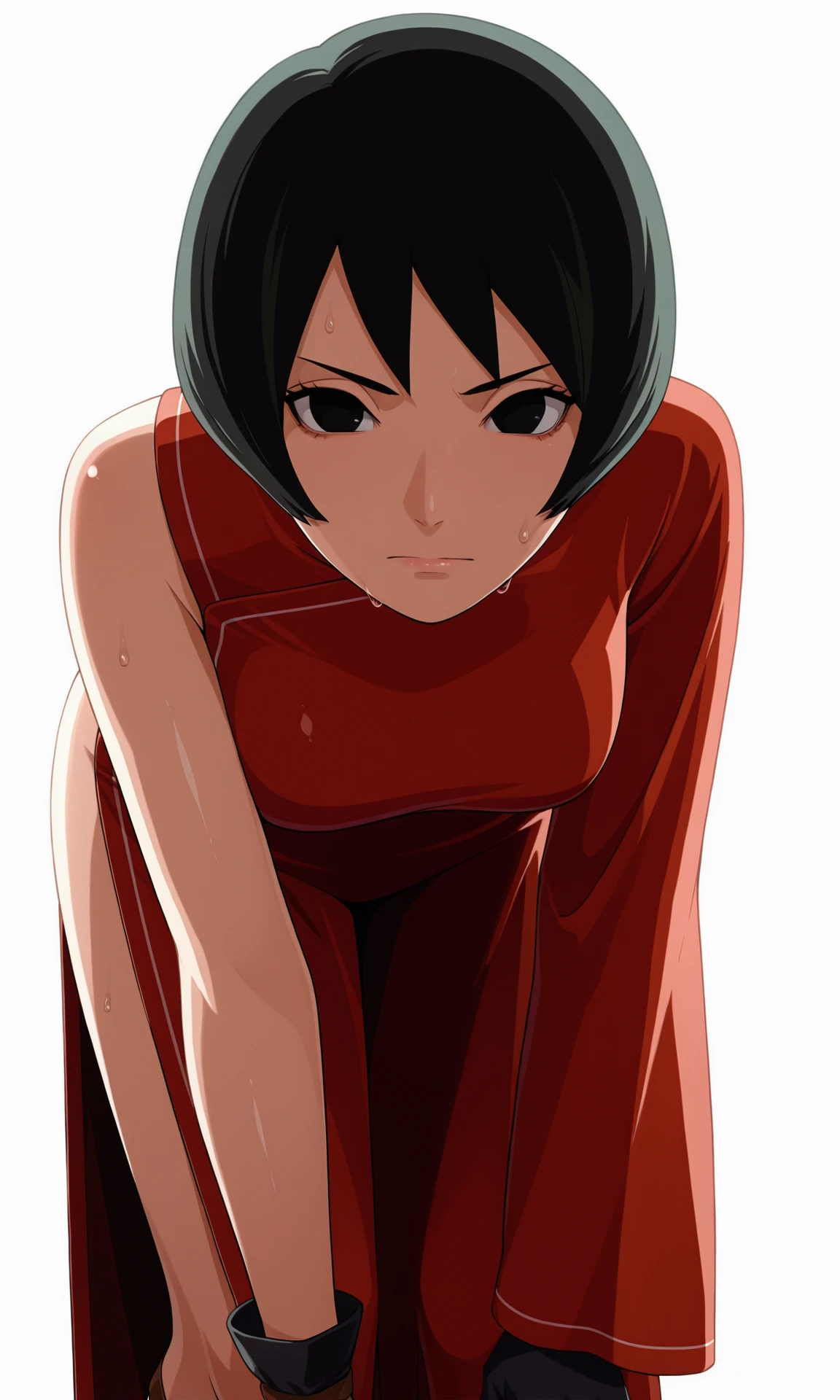 masterpiece, best quality, perfect lighting, shiny skin, game cg,
pov, bent over,
BREAK
kurotsuchii, 1girl, solo, looking at viewer, no pupils, short hair,
china dress, side slit, single sleeve, long sleeve, bare shoulder,
black gloves,
sandals,
sweat,
simple background, white background,
<lora:Naruto_Kurotsuchi_iXL-000016:1>
