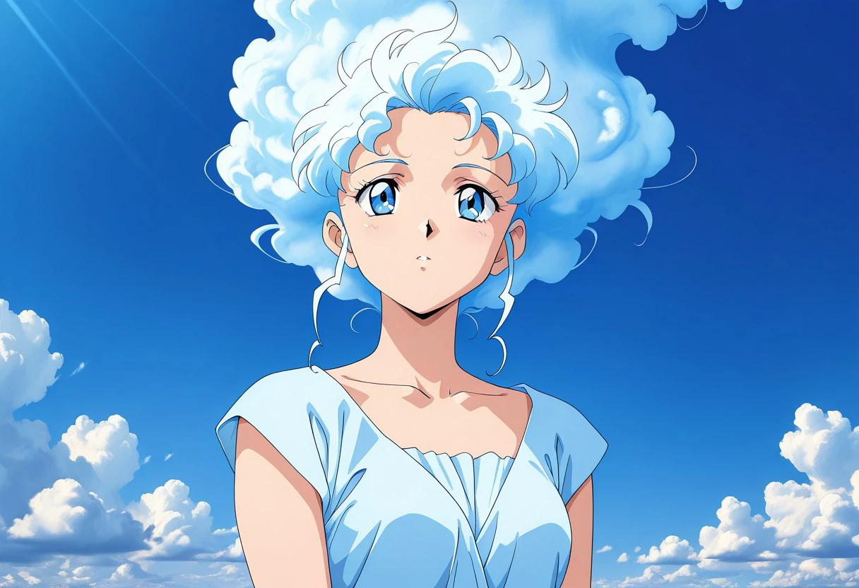 masterpiece, best quality, newest, absurdres, highres,  anime, anime style, vintage anime, 90s anime, Air(Theme), 1girl, cloud hair, air elemental,