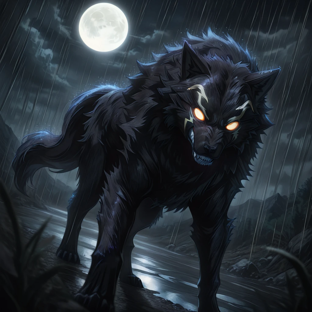 masterpiece,best quality,amazing quality,no humans, scenery, depth of field, night, full moon, cloudy sky, <lora:IL_Shangri-la_Frontier_Lycagon_the_Nightslayer:0.9> shflynsl, wolf, orange eyes, glowing eyes, glowing, looking at viewer, baring teeth, sharp teeth, rain, <lora:IL_Between_pencils_and_semi-realism_Style:0.7> stbedap, dutch angle,