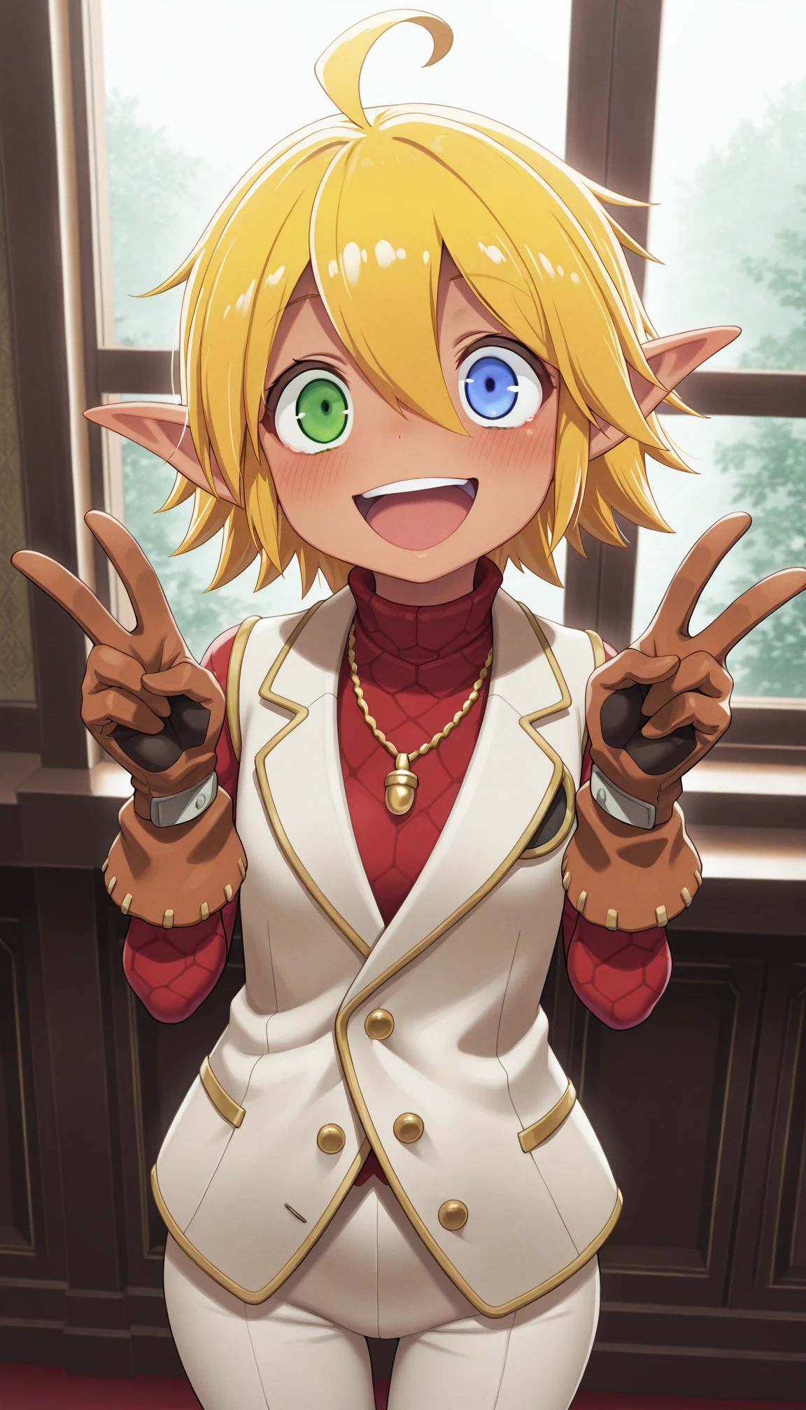masterpiece,best quality,amazing quality, 1girl, solo, <lora:IlluAura:1> illuaura, dark skin, pointy ears, green eyes, blue eyes, heterochromia, blonde hair, short hair, ahoge, hair between eyes, vest, necklace, jewelry, gloves, cowboy shot, indoors, double v, smile, open mouth,