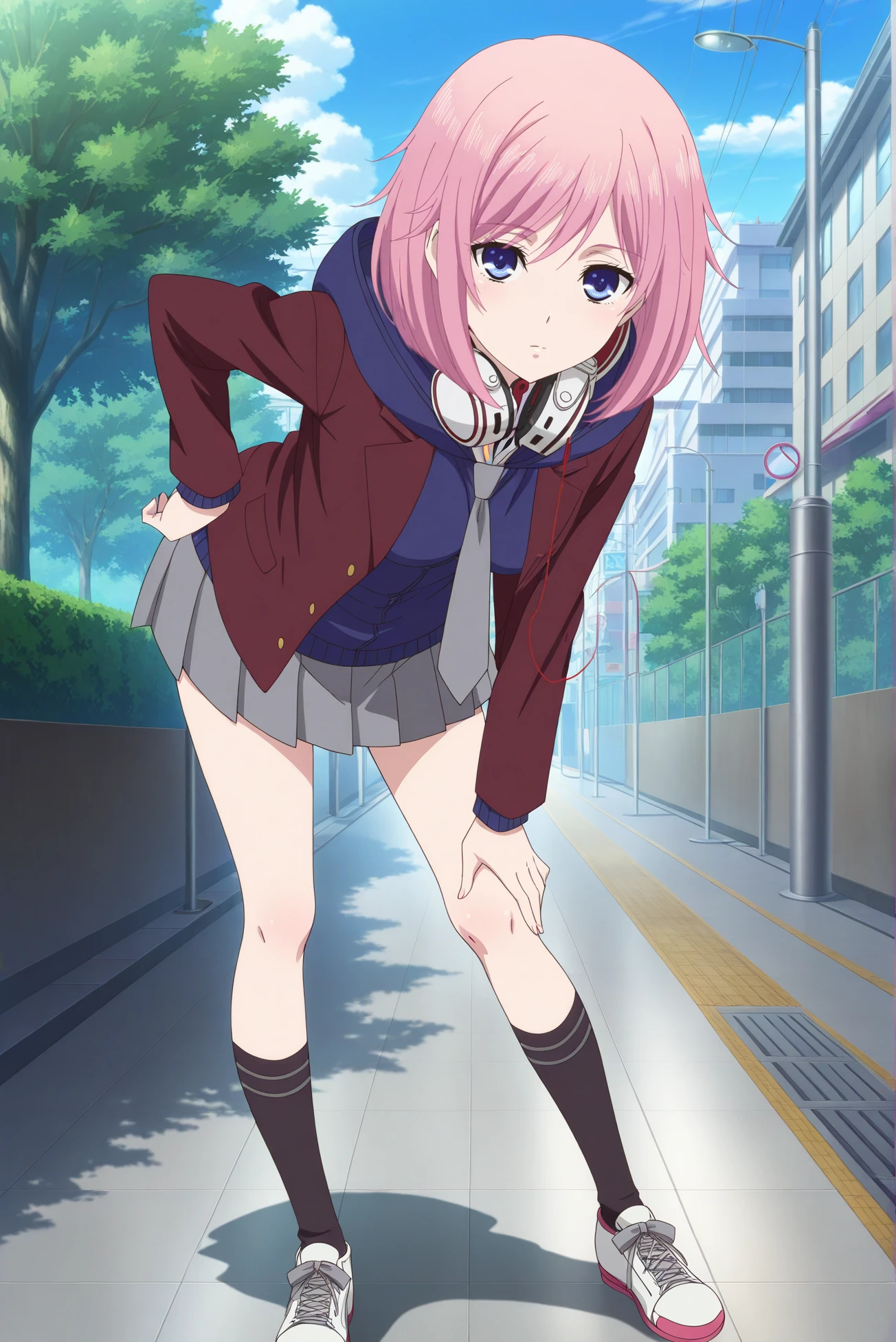 masterpiece, best quality, anime, 2d, 1girl, (slender, anime screencap, medium breasts), solo, matsuri ctrs, <lora:Matsuri-ILXL-V1:1>, anime anime screencap,
BREAK (short hair, pink hair), outdoors, headphones around neck
BREAK (school uniform, miniskirt, jacket, pleated skirt, hoodie, grey skirt, black socks, white sneakers, grey necktie),
BREAK (looking at viewer, full body, contrapposto, dynamic pose, standing:1.2), (expressionless, blue eyes)