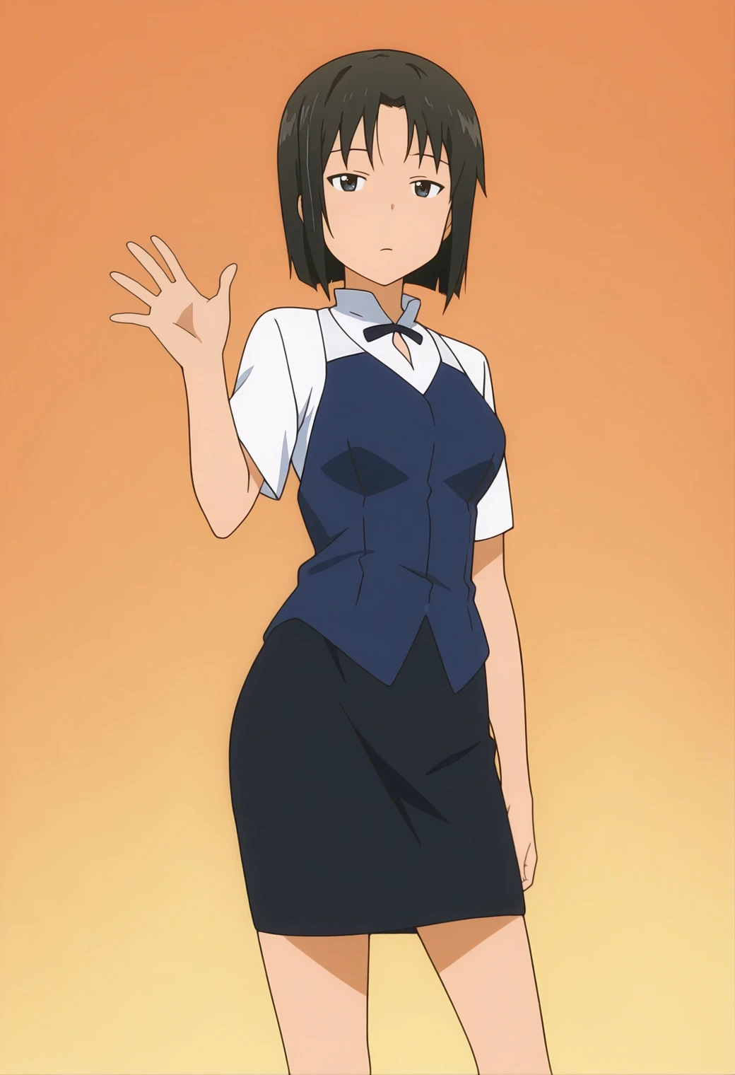 masterpiece, best quality, amazing quality, anime screencap, anime coloring,  1girl,  <lora:DX888KyoukoIL:1> shirafuji kyouko, black hair, short hair, black eyes, waitress, white shirt, bowtie, vest, pencil skirt BREAK (simple background:1.2),  orange  background gradient background, BREAK from below, contrapposto,  waving,