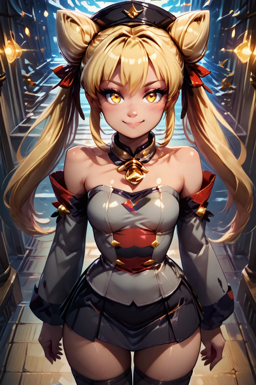 masterpiece, best quality, solo, curvy, beautiful eyes,,<lora:Giratanya_CitronOC_IXL:1.0>, zzGiratanyaCitronOC, yellow eyes, long hair, blonde hair, twintails, cone hair bun, double bun, hair bun,  black military hat, grey military uniform, black skirt, thighhighs, long sleeves, ribbon, bare shoulders, hair ribbon, detached sleeves,from above, dynamic pose, cowboy shot, smile, looking at viewer, shiny skin,<lora:RealisticAnimeIXL_v2:1.0>, shiny skin, bokeh, luminescent background,