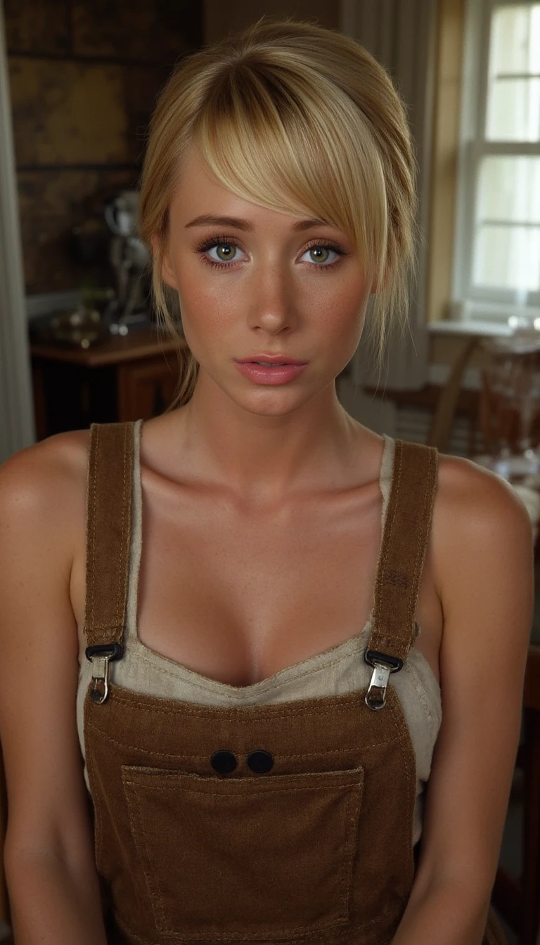 the image is a high-quality professional close-up headshot photograph  of sarajeanunderwood.  She is looking directly at the viewer and puzzled . She is wearing overalls. The background is dining room.  Shot with small amount of film grain. This is a SFW image. 