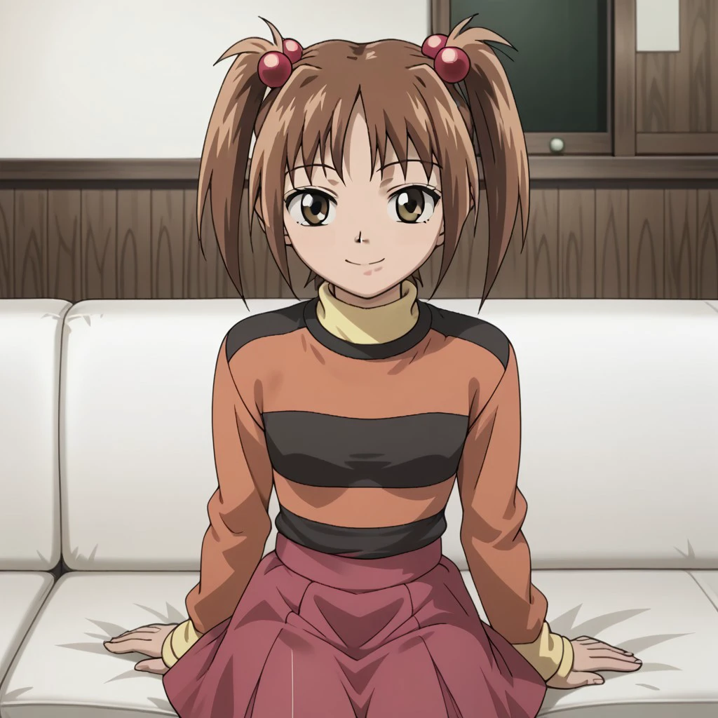 best quality, masterpiece, break, solo, shiori_mnh, brown hair, twintails, hair bobbles, long sleeves, skirt, sitting, sofa, smile,