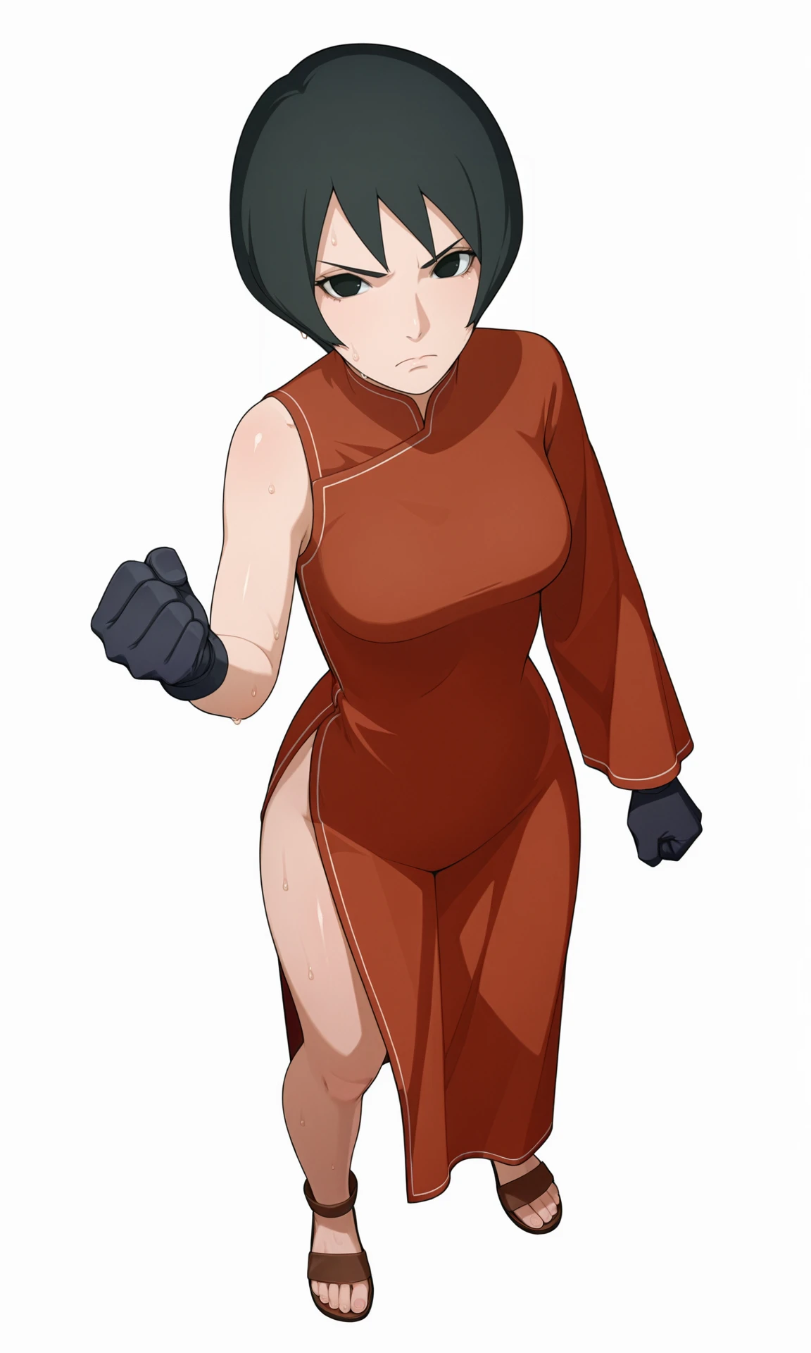 masterpiece, best quality, perfect lighting, shiny skin, game cg,
pov,from above,
clenched hand,hand up,
BREAK
kurotsuchii, 1girl, solo, looking at viewer,no pupils , short hair,
china dress, side slit, single sleeve, long sleeve,bare shoulder,
black gloves,
sandals, toes,
sweat, frown,,wet,
simple background, white background,
<lora:Naruto_Kurotsuchi_iXL-000016:1>