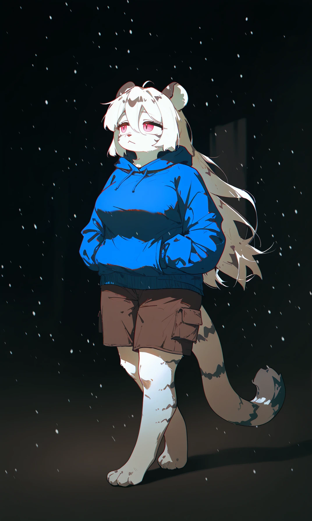 1girl,hannah,kemono,furry,anthro,blue hoodie,brown cargo shorts,(chubby:0.9),breasts,white hair,white fur,long hair,
dino \(dinoartforame\),grainy texture,heavy blur,old photo effect,sepia tone,film grain,analog style,photo distortion,color bleed,atmospheric lighting,1940s style,muted colors,light fog. vignette,faded edges,vintage vibe,
looking away,full body,pensive,hands in pockets,bare feet,four toes,
dark,street,dim,night sky,alone,walking,neighborhood,winter,snowing,
cinematic,masterpiece,best quality,good quality,newest,highres,absurdres,
<lora:Hannah_Mahjong_Soul_Illustrious_v02:0.8>,