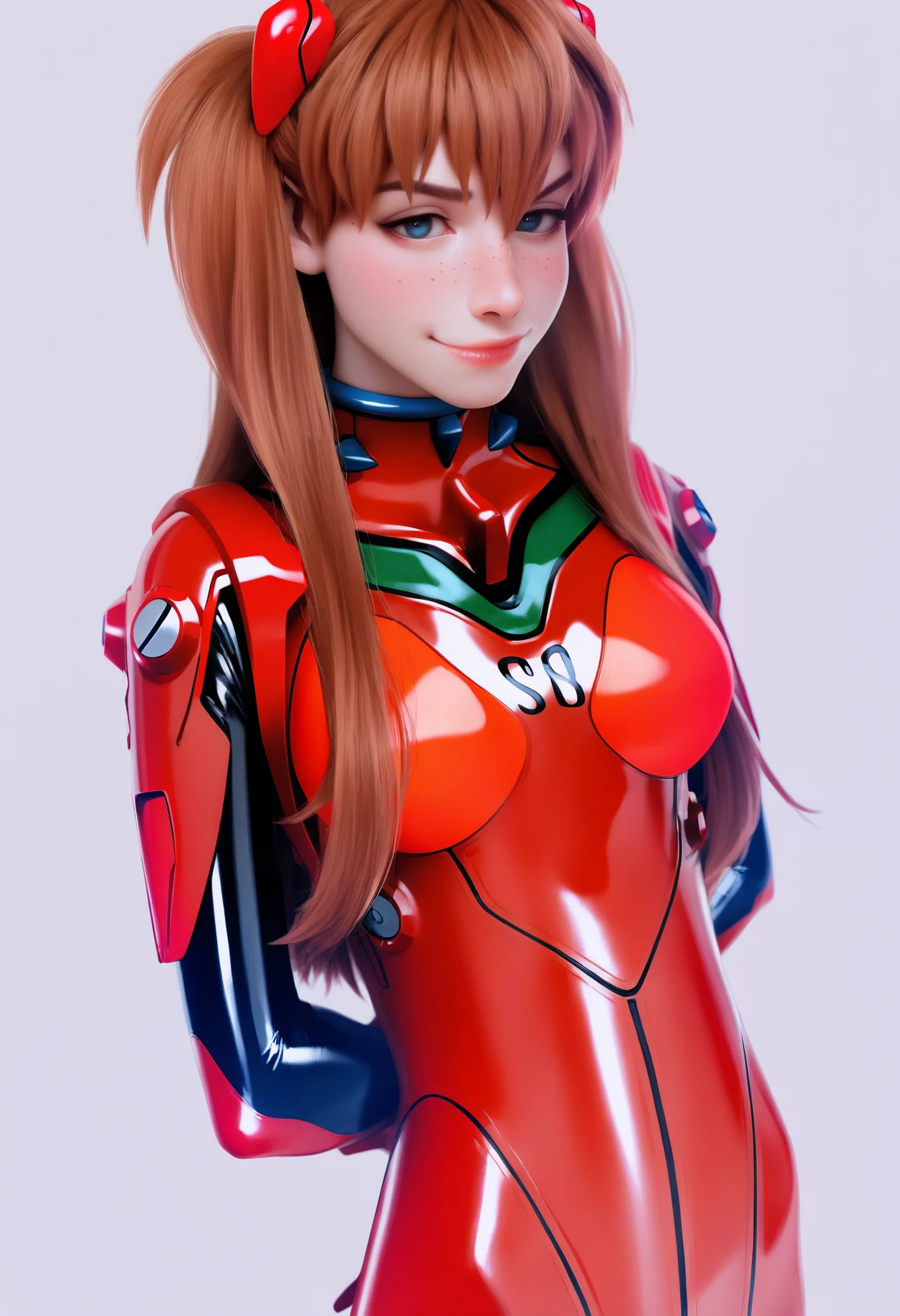 masterpiece, best quality, very aesthetic, absurdres,
1girl, shirogane, souryuu asuka langley, brown hair, twintails, bangs, freckles, long hair, blue eyes,
red plugsuit, plugsuit,
upper body, arms behind back,
smile,
solo, looking at viewer, simple background, white background,  <lora:ShiroganeNoobXL_byKonan:1>