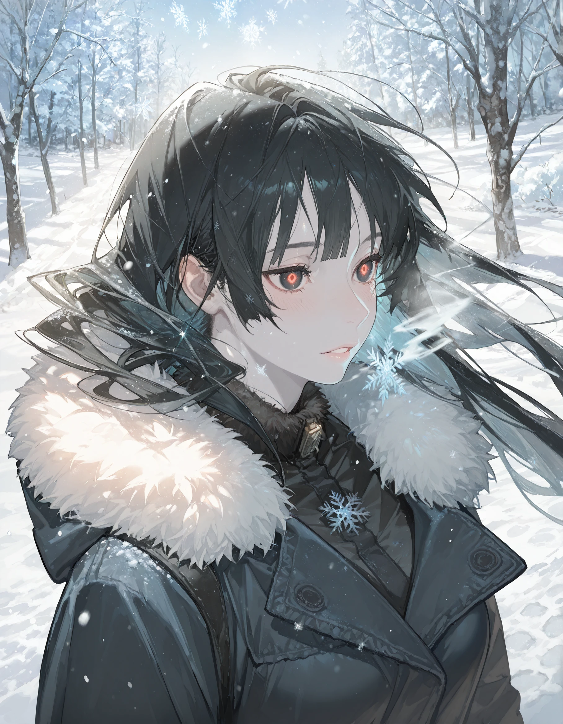 masterpiece, best quality, very aesthetic,
so0no2k_illu,1girl, solo, black hair, parted lips, long hair, bangs, floating hair, portrait, black eyes, snow, detailed winter-themed background, snowflakes, icy mist, serene expression, glowing eyes, intricate hair strands, cold breath, fur-trimmed winter coat, wind-swept hair, soft blush, ambient lighting, snow-covered ground, delicate snowfall, ethereal glow, dark jacket, high contrast, soft focus, scenic atmosphere, pale skin, frosted trees, snow sparkles, cinematic composition
,highly detailed, hyper-realistic, 8k, dynamic angle, illustration, intricate details,masterpiece, very aesthetic, absurdres, <lora:so0no2k-000010:1>