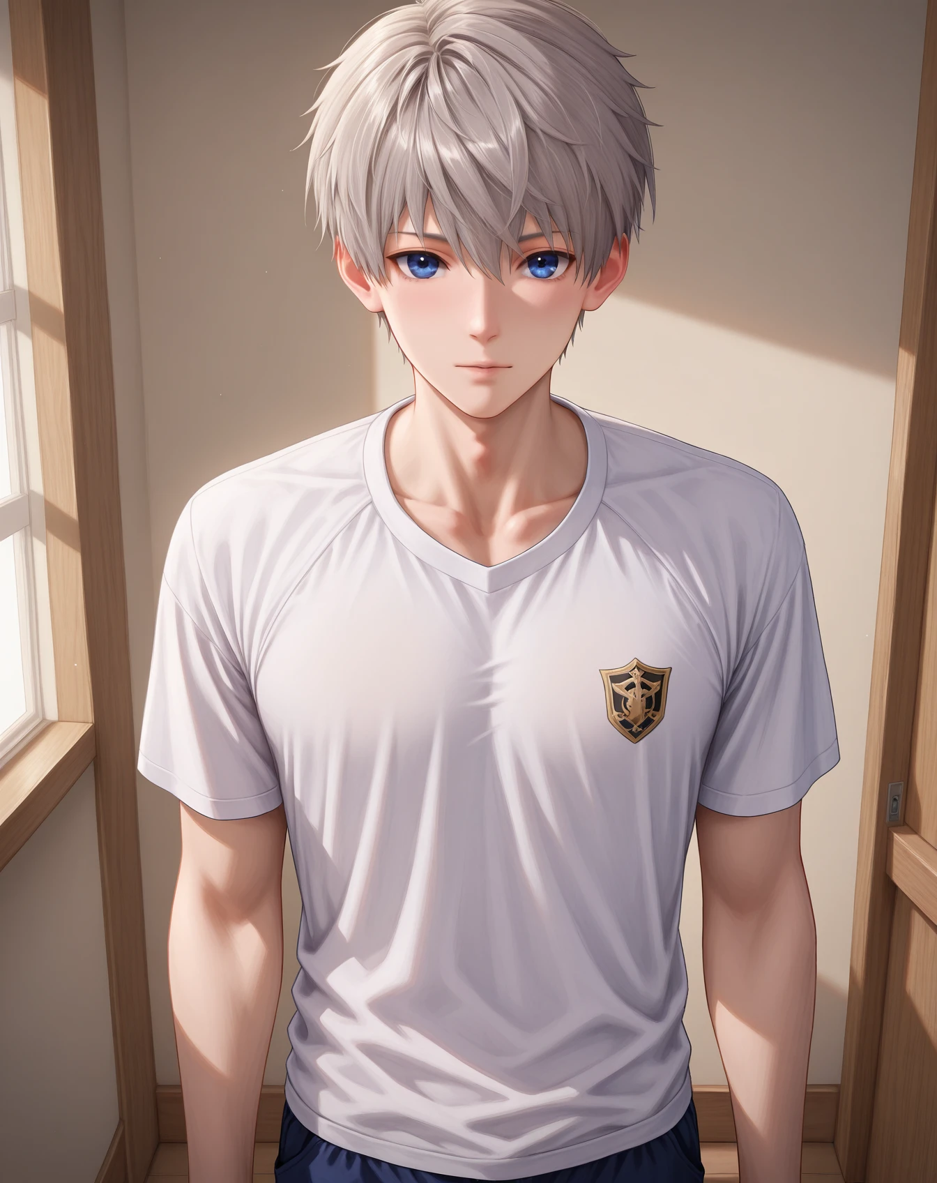 masterpiece, best quality, absurdres, very aesthetic,
1boy, solo, yaoi, male focus,
looking at viewer, cowboy shot, facing viewer, standing, straight-on, arms at sides,
<lora:Xavier_LnDS:1> xavierlnds, grey hair, blue eyes, short hair,
indoors