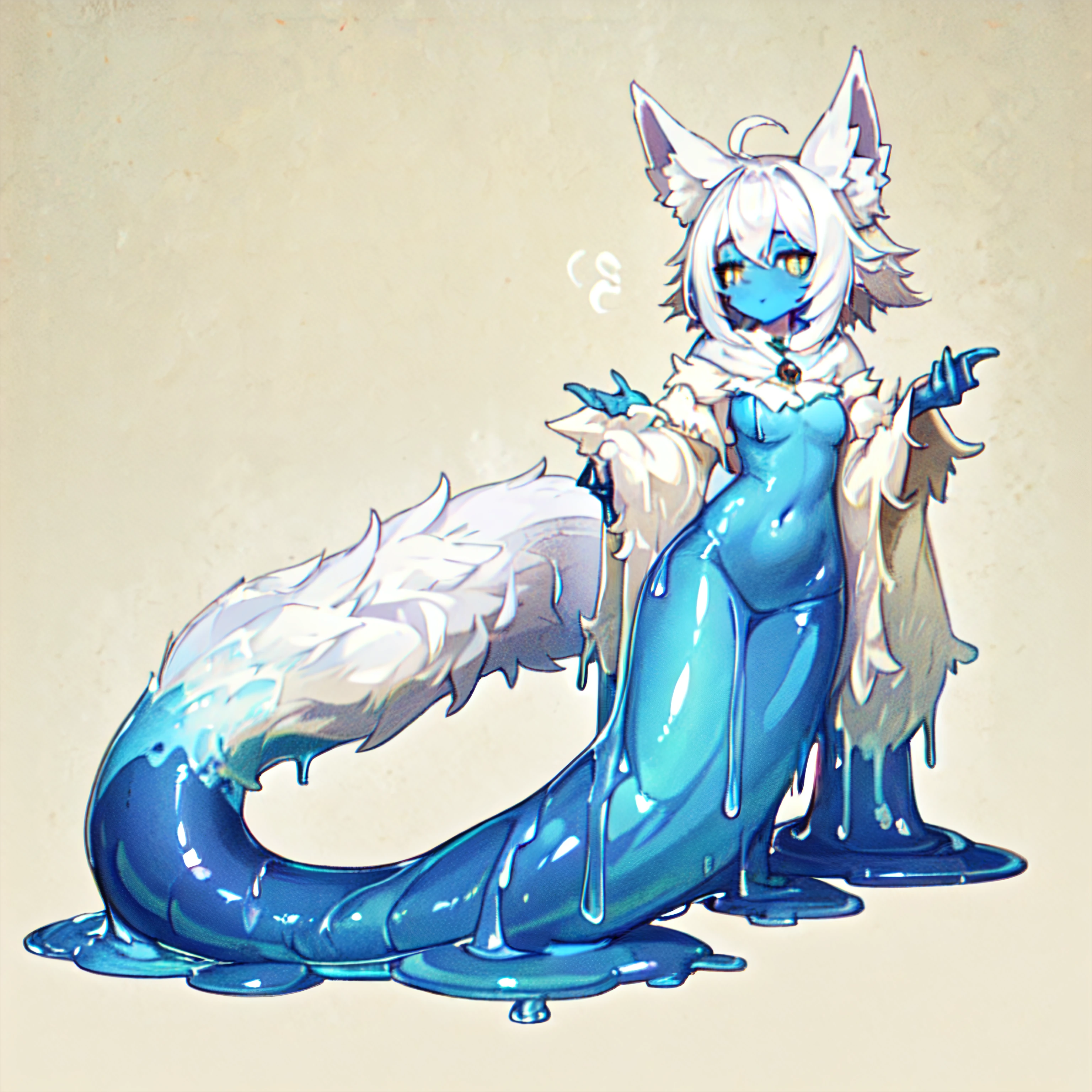 1girl, bunyip, lamia, full body, slime_girl, blue slime_\(substance\), colored_skin, melting,