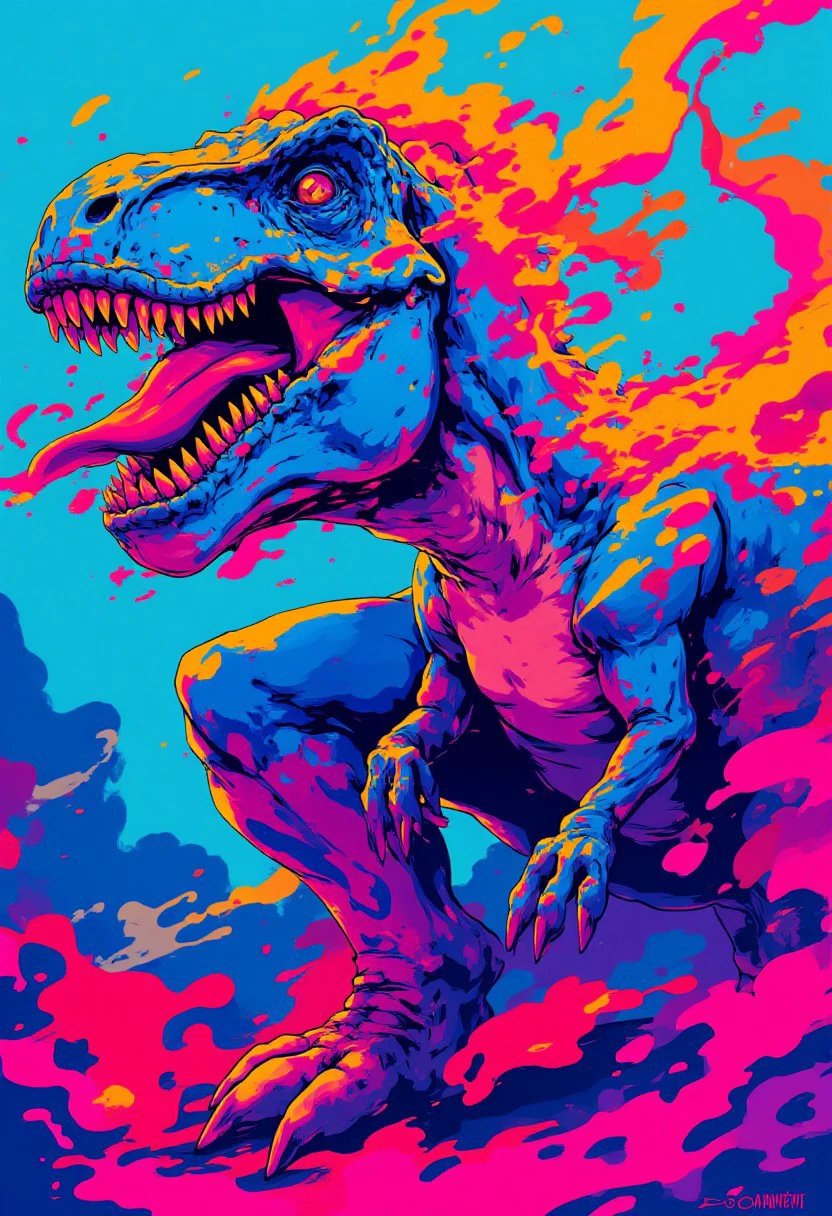 high contrast neon anime style in turquoise, pink and orange, anime t-rex dinosaur, HCANstyle
