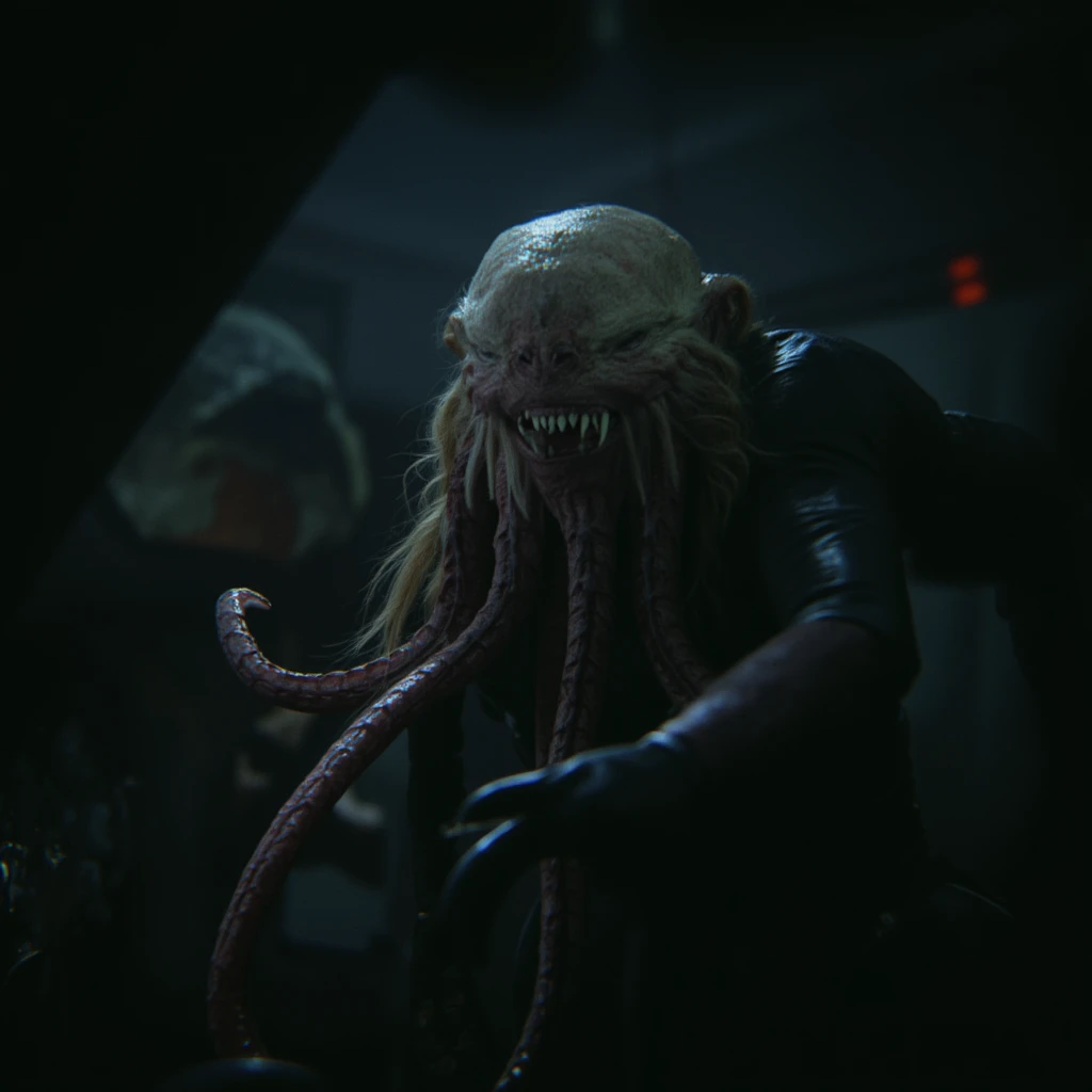 cinematic film still of  <lora:2600 - Halo style v1:0.9>
In Futuristic 26th century 2600 BCE Opus Creatures a giant squid with a long tentacles in a dark room, tentacles, 1other, monster, eldritch abomination, cinematic, filmic, dramatic light, sci fi, action themed, futuristic, halo style, blonde hair, teeth, sharp teeth, indoors, science fiction, dark, open mouth, alien, shallow depth of field, vignette, highly detailed, high budget, bokeh, cinemascope, moody, epic, gorgeous, film grain, grainy