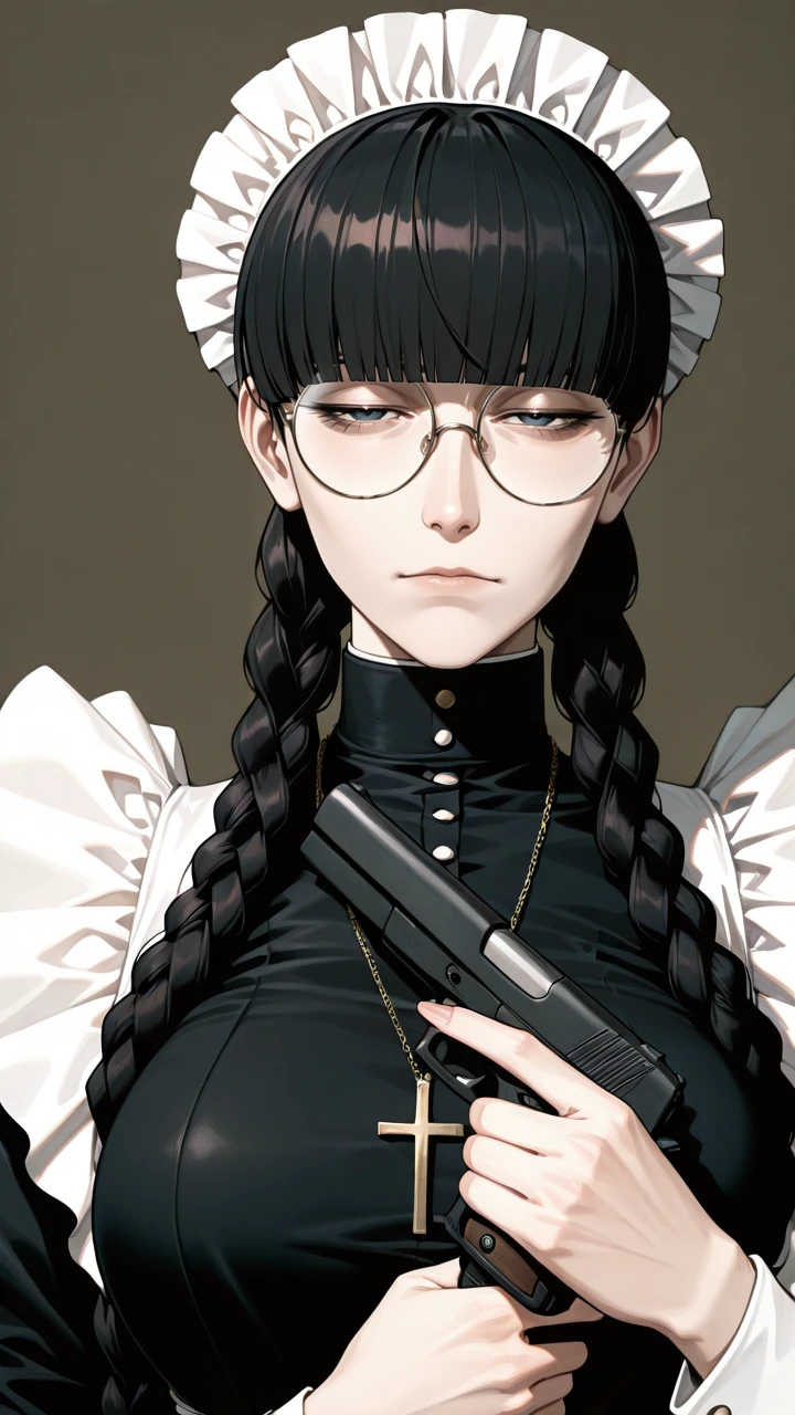 absurdres,newest,roberta,1girl,gun,cross necklace,solo,jewelry,necklace,glasses,twin braids,holding gun,maid headdress,maid,handgun,long hair,round eyewear,looking at viewer,upper body,breasts,blunt bangs,closed mouth,half-closed eyes,long sleeves,simple background,latin cross,<lora:roberta_01:1>,