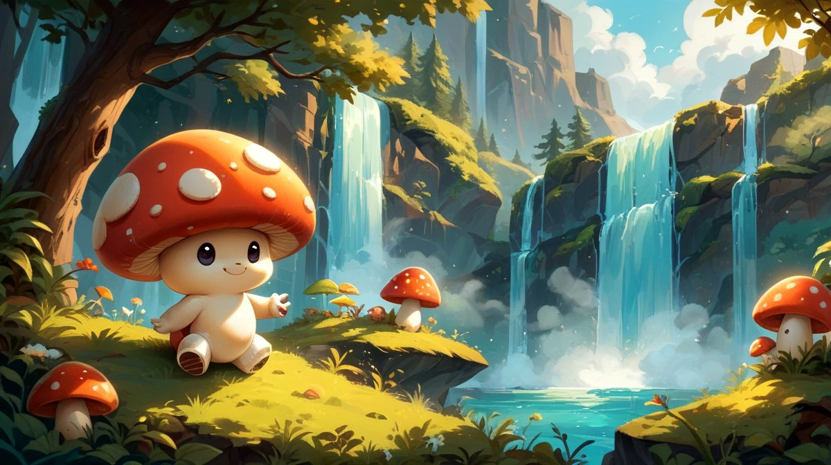 score_9, score_8_up, score_7_up,cute mushroom, smile, red cap covered in white spot, mushroom, heaven, steam, sun, waterfall<lora:cute_mushroom:1>