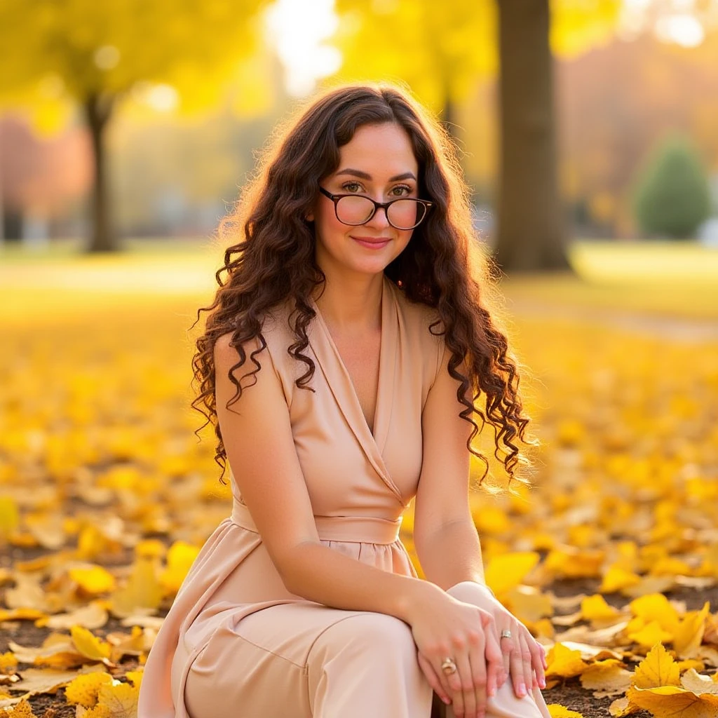 full-body portrait photograph of a woman wearing glasses sitting on a bed of autumn leaves. She looking over her glasses, smiling at the viewer. She has long curly brown hair, she is wearing a beige dress. Golden light is falling through the trees. Low camera angle. Side angle shot.  <lora:LookingOverGlasses_rank16_fp16-step01760:1>