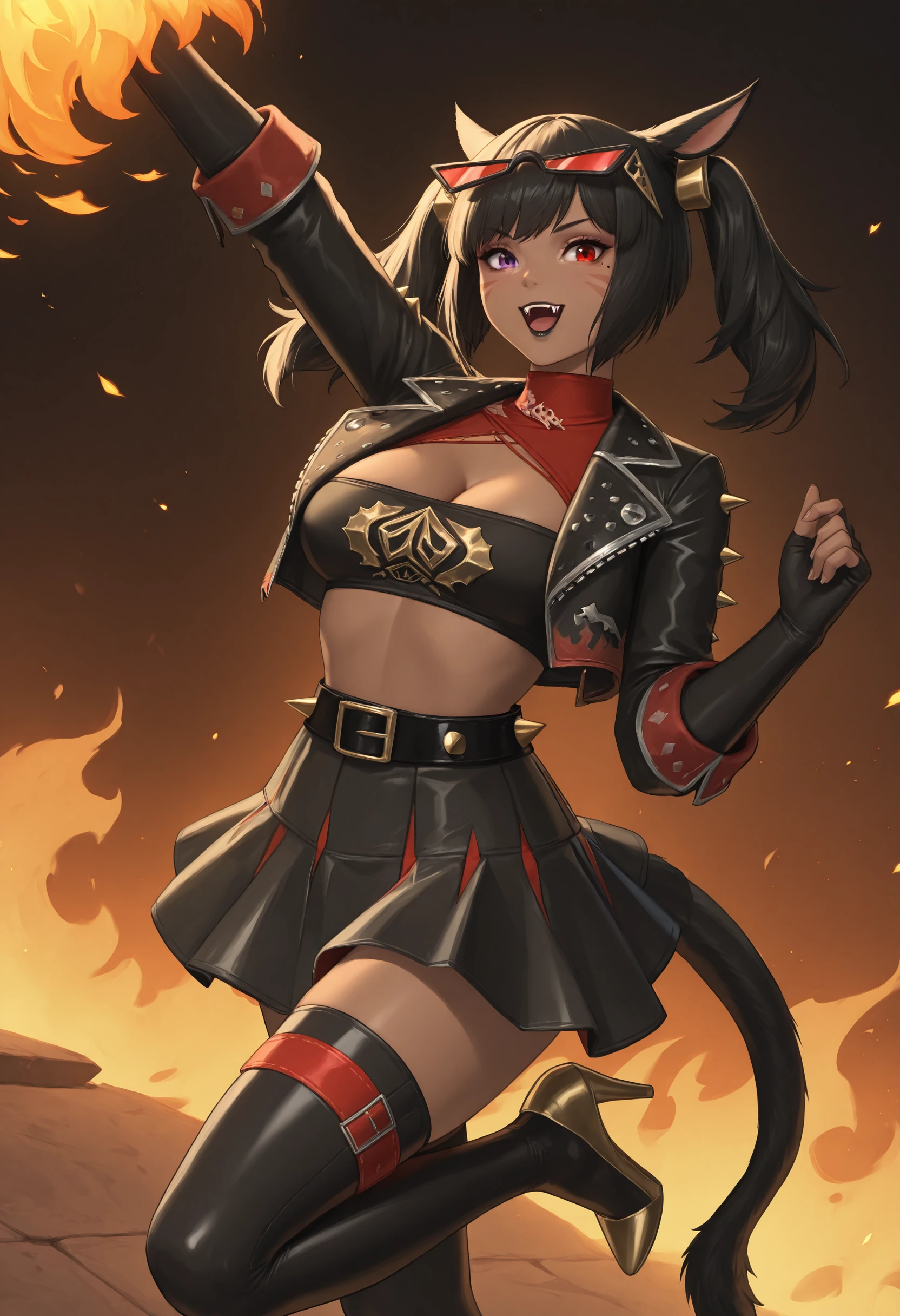 masterpiece, best quality,1girl,flaming background ,fire,  detached collar,  looking at viewer,  standing, open mouth, excited, cheering, standing on one leg,   armetdaraco, dark-skinned female,  miqo'te, black lipstick,  long hair,  black hair, mole under eye, facial mark,  heterochromia, purple eyes, red eyes, tail,  hair ornament, twintails,  fangs,<lora:Hoseki_ZenlessZoneZero_BurniceWhite_IllustriousXL_v1:1> eyewear on head, sunglasses, black jacket, spiked jacket, leather jacket, cropped jacket, open jacket, red turtleneck, halterneck, two-tone tube top, black tube top, white tube top, cleavage, black belt, spiked belt, high-waist skirt, black miniskirt, pleated skirt, red thigh belt, black thighhighs, elbow gloves, fingerless gloves, black gloves, high heels<lora:Armet_Daraco_IL:1>