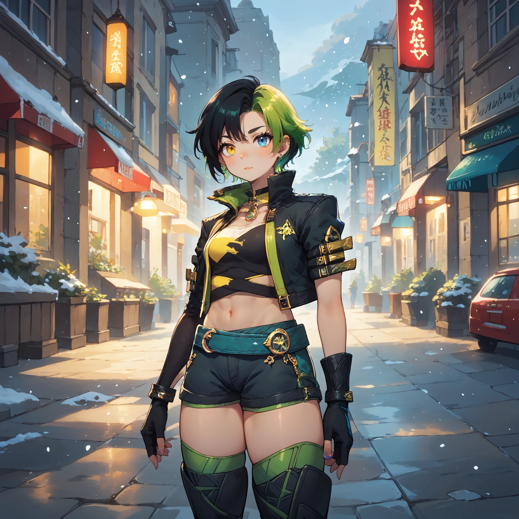 score_9, score_8_up, score_7_up,  BREAK source_anime, c3lrpg,hyper-detailed anime illustration of outdoor, street, winter, snowing, freckles, detailed skin, anime art style, every element meticulously crafted, complex backgrounds with rich textures and depth, vibrant and harmonious color palette, dynamic lighting and shadows, capturing fine details in every scene, magical or surreal atmosphere, lifelike gestures and movements, elaborate compositions with multiple layers of detail, blending realism and anime aesthetics, fully immersive and visually captivating storytelling, closeup portrait photography, beautiful eyes, capturing emotion, personality, flattering lighting, professional, engaging, compelling composition,,heterochromia, lun4mb, 1girl, solo, short hair, jacket, shorts, gloves, green hair, thighhighs, multicolored hair, black hair, yellow eye, blue eye, midriff, fingerless gloves, cropped jacket, boots, navel, thigh boots, black footwear,