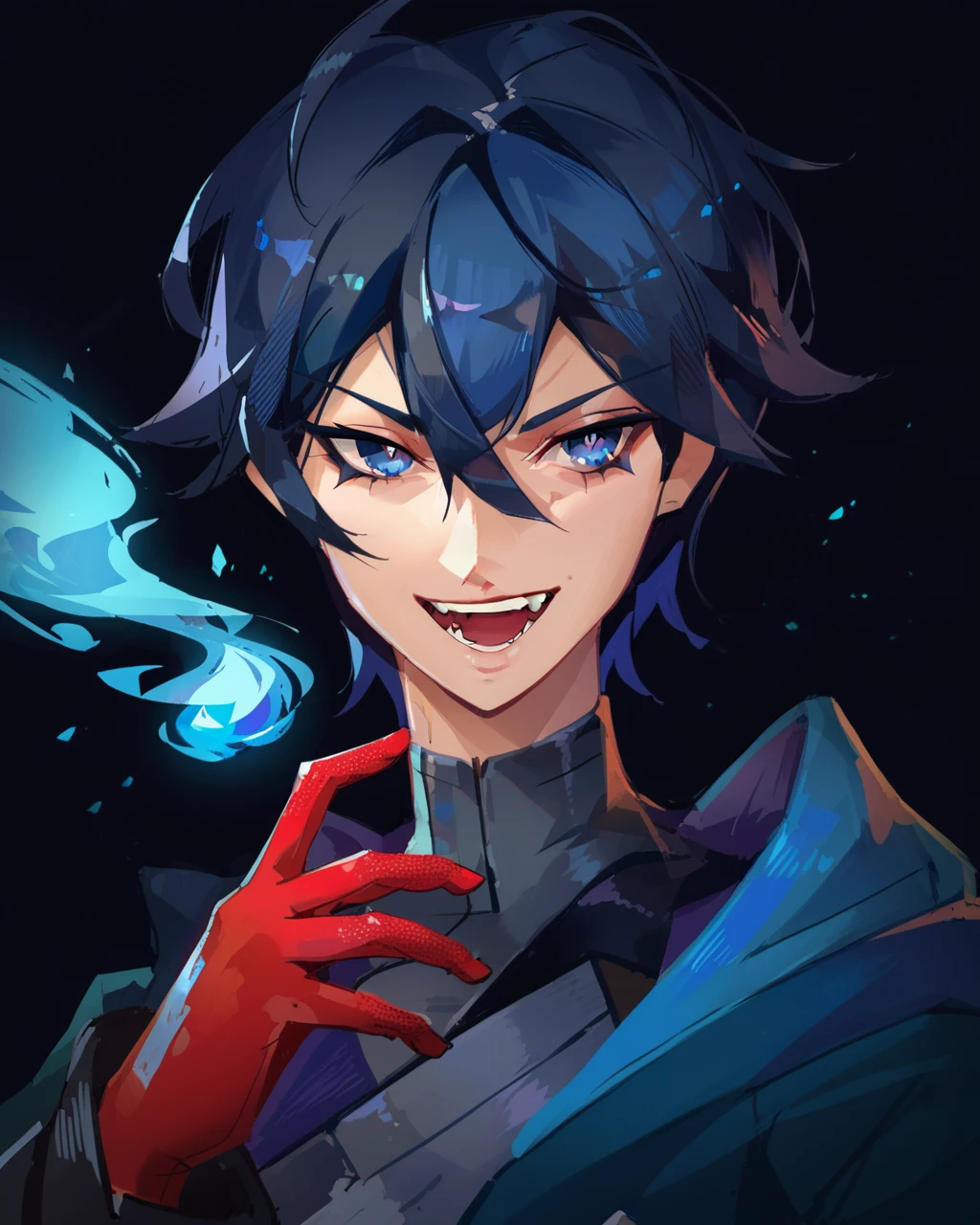 score_9, score_8_up, score_7_up, zPDXL, Nemstyle, solo, looking at viewer, smile, open mouth, bangs, blue eyes, simple background, black hair, gloves, 1boy, hair between eyes, blue hair, upper body, male focus, teeth, symbol-shaped pupils, fangs, fire, black background, red gloves, blue fire <lora:Nem_StylePNY:1>