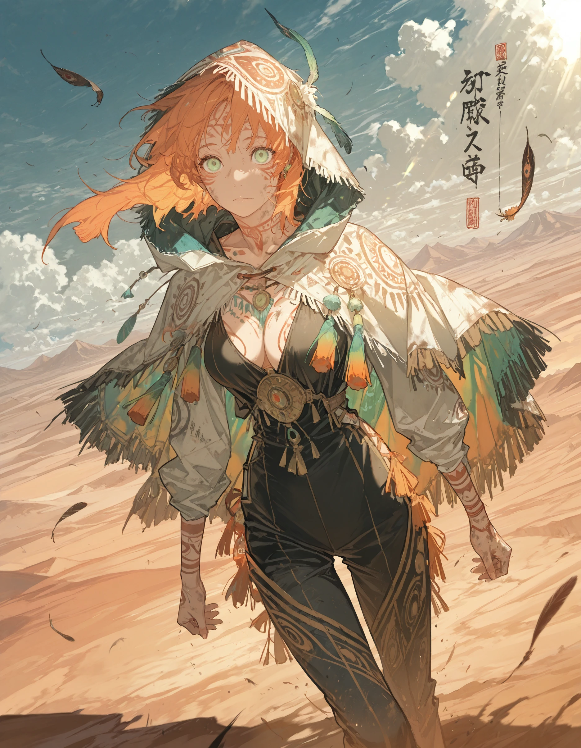 masterpiece, best quality, amazing quality, very aesthetic, absurdres,(wanke:0.5), (dino \(dinoartforame\):0.4),   <lora:so0no2k-000010:1>,so0no2k_illu,fantasy character, orange hair, green eyes, white hooded cloak, colorful tassels, body paint, tribal markings, mystical atmosphere, bright sunlight, desert setting, feathers, detailed illustration, vibrant colors, magical realism, intricate costume design, Japanese text overlay, dynamic pose, ethereal lighting, high contrast, digital art, concept art, character design,dirty,tattoo,wind, clouds  ,scenery, dutch angle, soft_lighting, masterpiece, best quality, amazing quality, very aesthetic