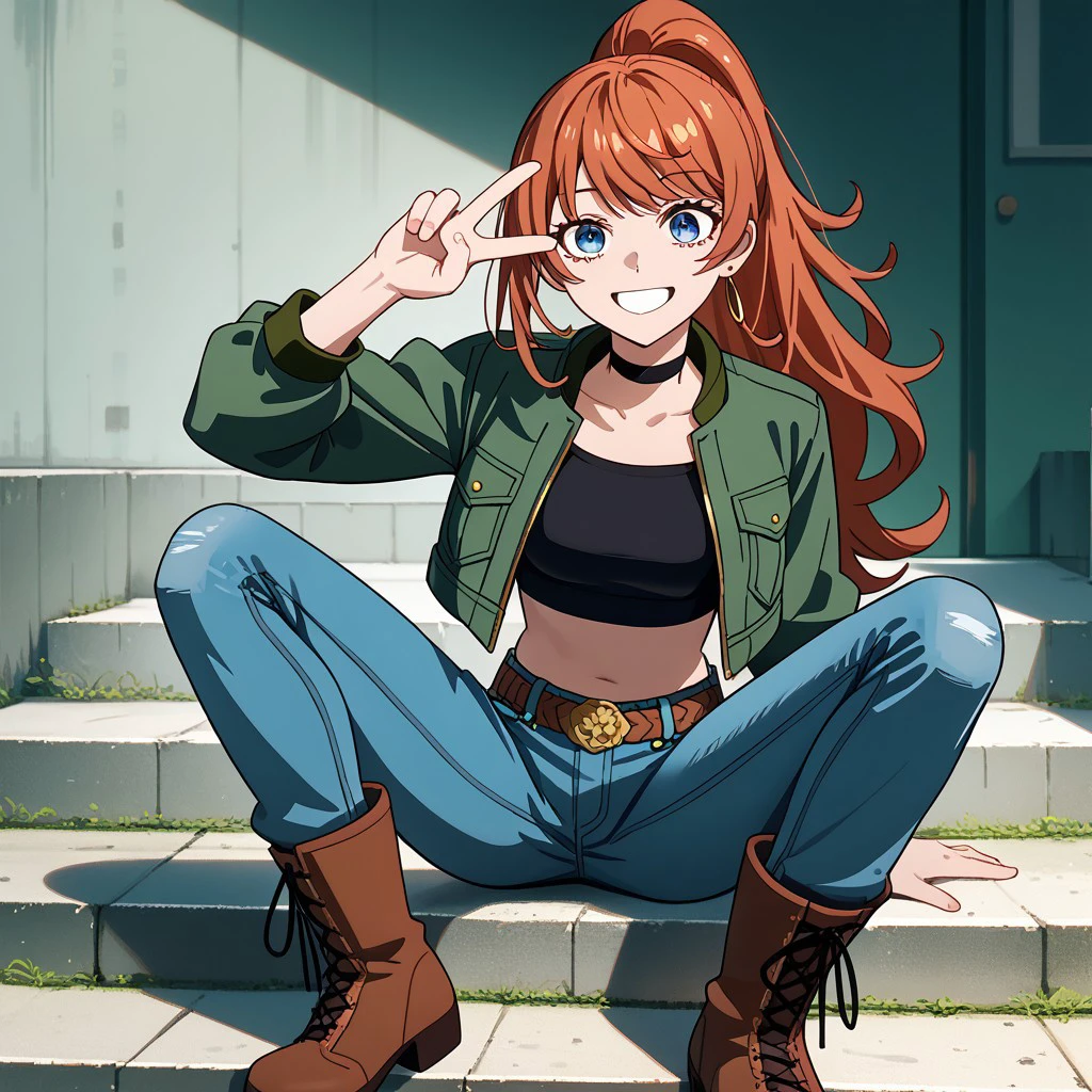 1girl, anna_taktop, red hair, ponytail, blue eyes, absurdres, 4kres, score_7_and_higher, masterpiece, high quality, good eyes, good hands, green denim jacket, crop top, jeans, boots, smiling, confident, happy, peace signs