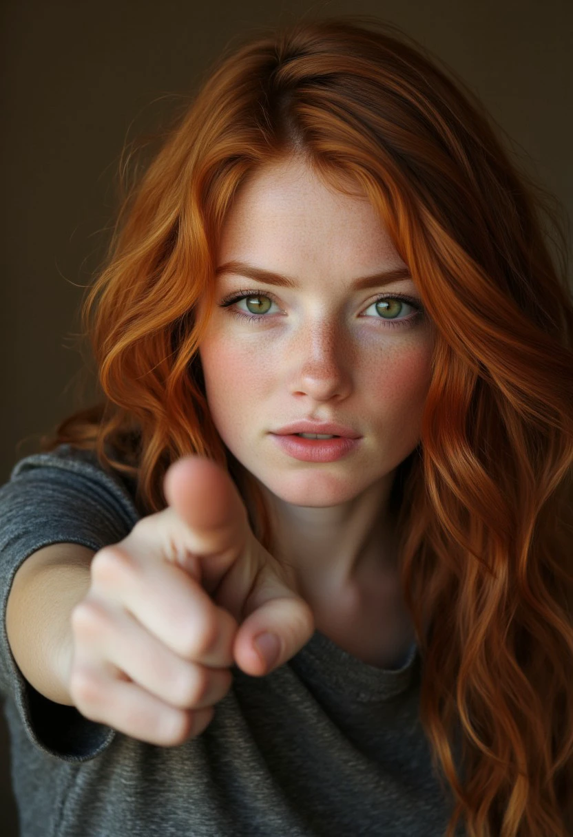A red head girl with green eyes TestModel04, angry and pointing madly at the viewer