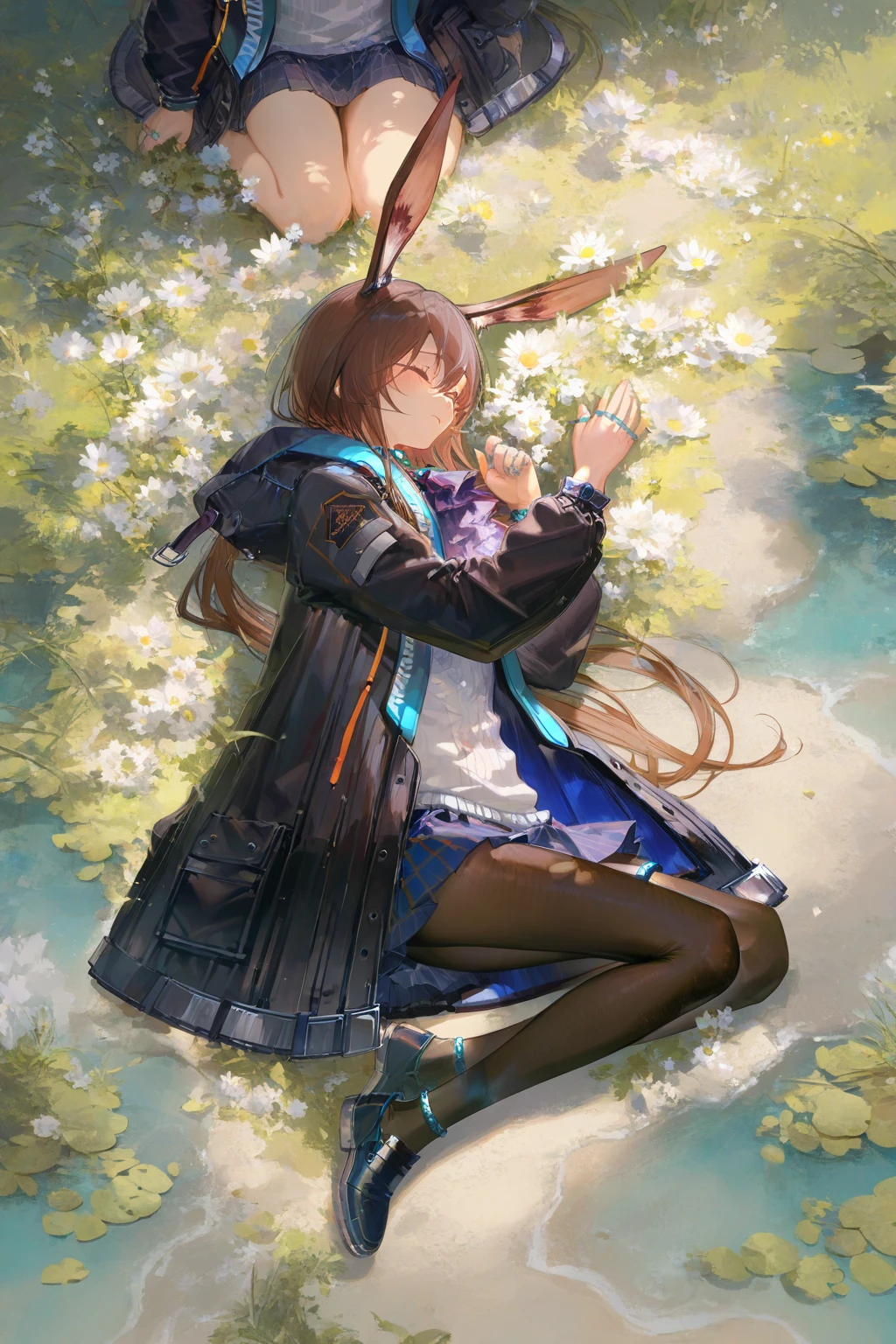 very aesthetic,high definition,masterpiece,illustratio,best quality,[artist:kedama milk],artist:ask(askzy),[artist:WANKE],artist:miji_black,artist:ciloranko,pastel xl,<lora:pastel xl:0.8>, -pastel xl, amiya \(arknights\), long hair, rabbit ears, brown hair, animal ears, pantyhose, skirt, closed eyes, on side, jewelry, flower, lying, multiple girls, blue skirt, jacket, black jacket, long sleeves, 2girls, solo focus, open clothes, ring, white flower, multiple rings