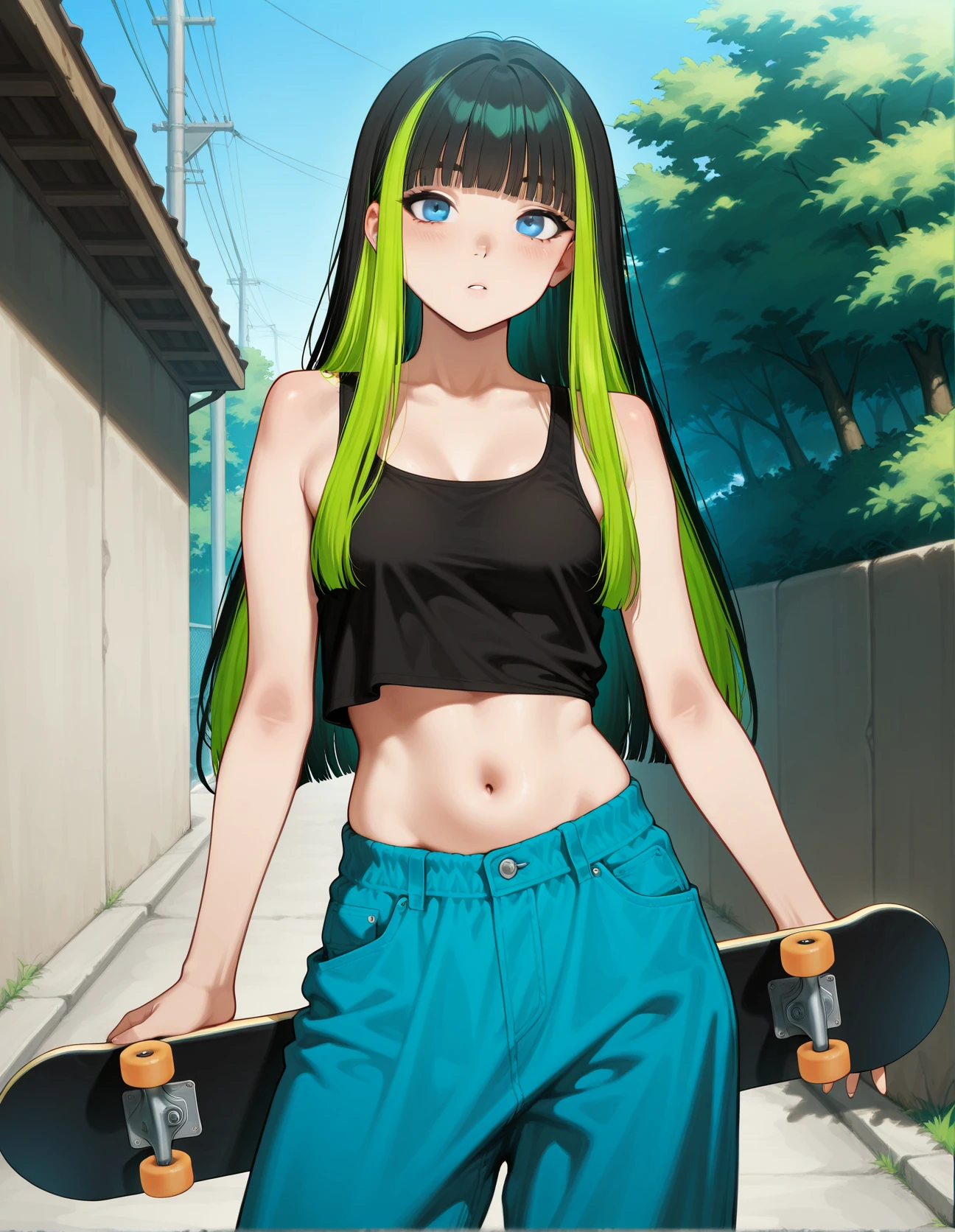 hud_grnblkh4ir, multicolored hair, green hair, black hair, blunt bangs, 1girl, solo, blue eyes, upper body, tank top, midriff, baggy jeans, sneakers, skateboard, outdoors <lora:hud_grnblkh4ir_illust:0.8>, absurdres, masterpiece, best quality, amazing quality