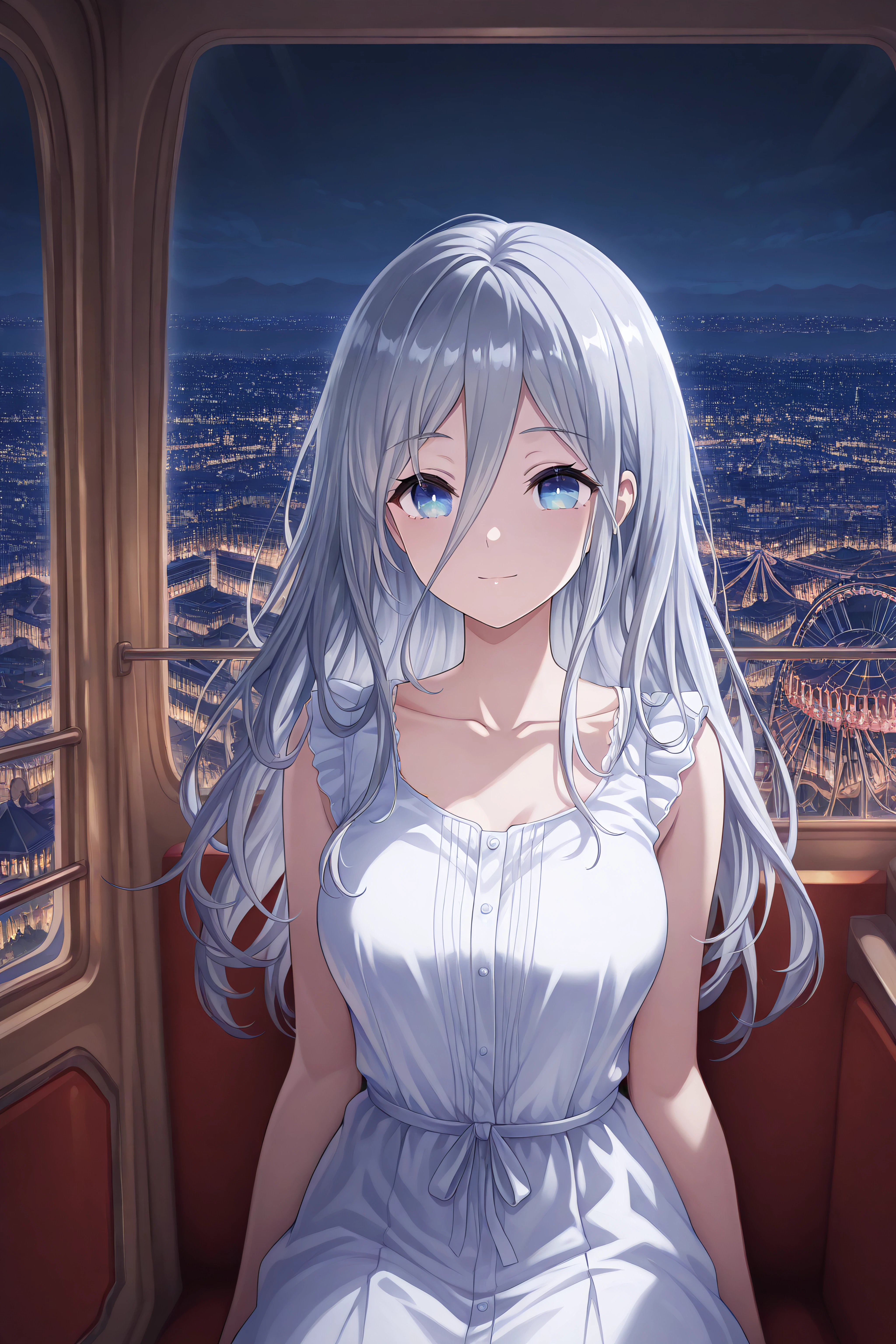 masterpiece, best quality, <lora:Mio Takamiya-Illustrious-lora-Faxtron:1> mio takamiya, blue eyes, grey hair, long hair, hair between eyes, white dress, collarbone, sleeveless, 
 <lora:ferris-wheel-interior-ponyxl-lora-nochekaiser:1>, ferris wheel interior, ferris wheel, gondola, cityscape, amusement park, city lights, night, fireworks, aeriel firworks, night sky, city, skyline, sky,, light smile,