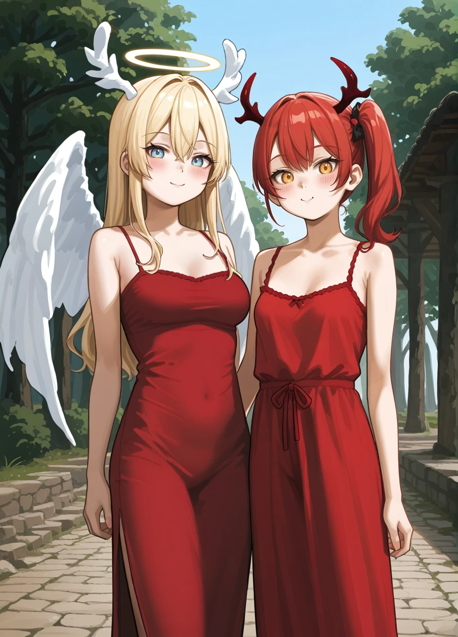 2d, kuroshiro00, lineart, angel and devil, side ponytail, fake antlers, red dress, camisole, 2girls, side by side, large breasts, thick thighs, (sfw), long dress,  rating safe, covered legs,
 <lora:Kuroshiro00_PonyXL_Style:1>