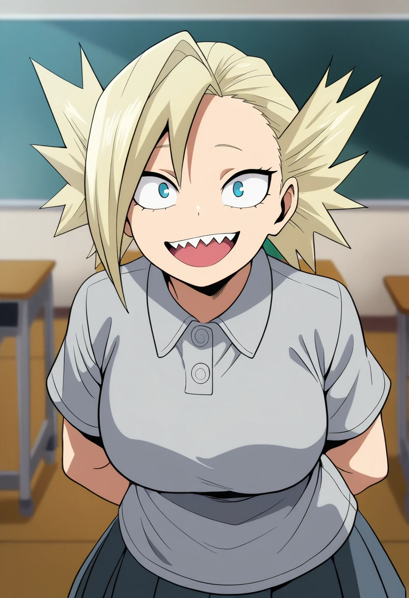 masterpiece, best quality, very aesthetic, absurdres,
1girl, nakagame, blonde hair, short hair, blue eyes,
pleated skirt, short sleeves, collared shirt, grey shirt, school uniform,
arms behind back,
upper body,
smile, open mouth, sharp teeth,
solo, looking at viewer, indoors, desk, classroom background ,  <lora:TatamiNakagameNoobXL_byKonan:1>