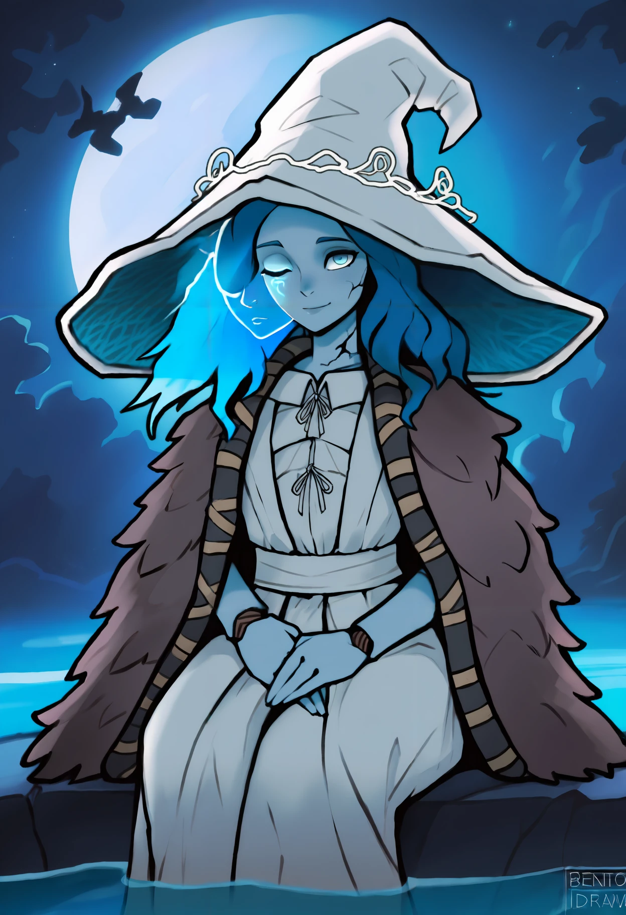 masterpiece, best quality, newest, absurdres, highres, benrawtod, moonlight, moon, outdoors, dark, night, closed mouth, looking at viewer, 1girl, solo, ranni the witch, blue skin, cracked skin, blue eyes, blue hair, long hair, fur cloak, witch hat, white headwear, large hat, white dress, extra faces, extra arms, witch, witch, doll joints, sitting, water, smile,
<lora:bentodraws Illustrious:1>