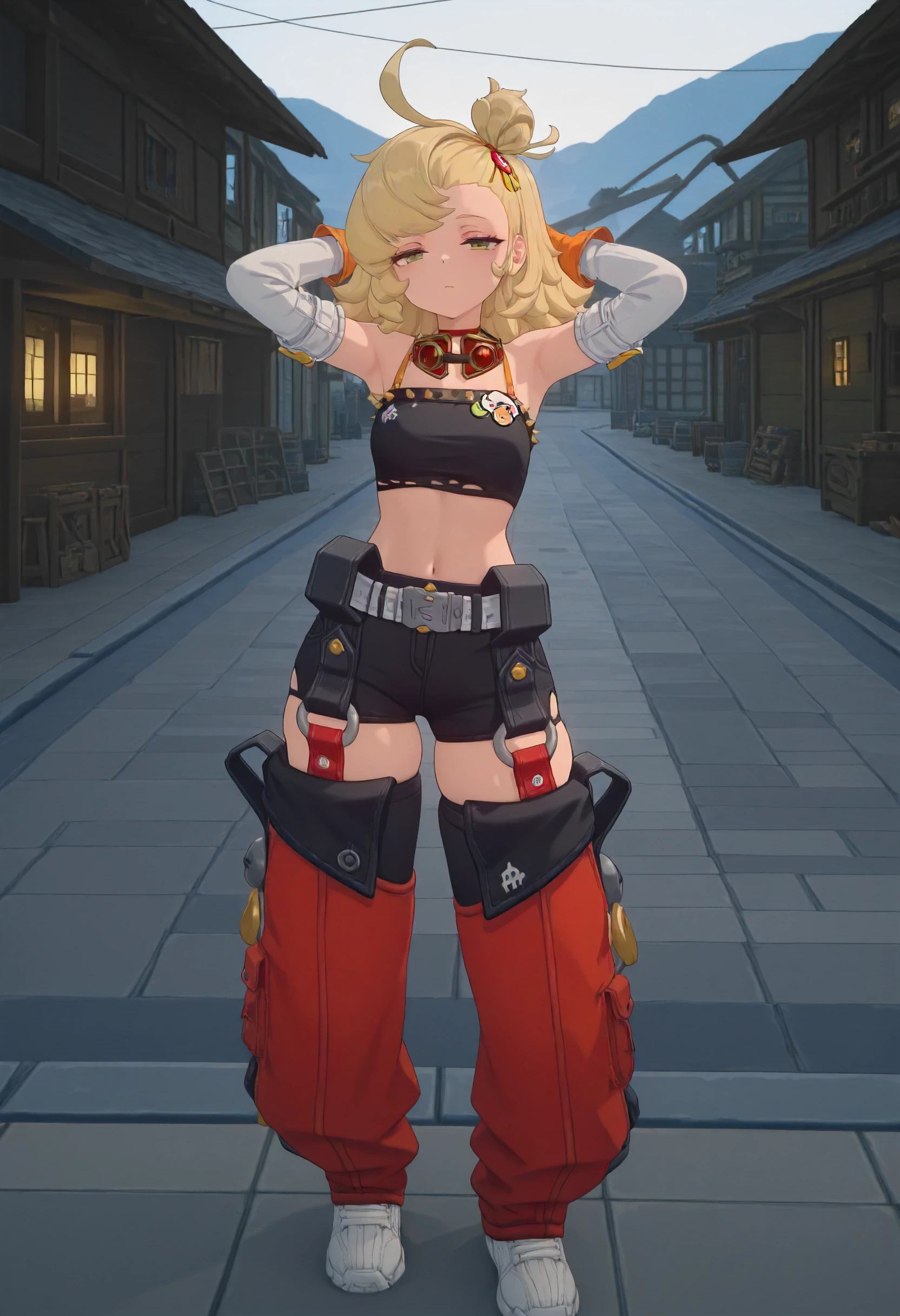 masterpiece, best quality, amazing quality, very aesthetic, absurdres, newest, scenery, volumetric lighting, perfect eyes, ultra detailed,
1girl, Piper Wheel, solo, blonde hair, ahoge, messy hair, hair bun, green eyes,
black crop top, detached sleeves, shoulder cut, white sleeves, orange gloves, midriff, navel, black shorts, detached pant legs, red pant legs, white sneakers, thighs, belts, goggles around neck,
standing, looking at viewer, hands behind head, half-closed eyes, bored face,
village, detailed background, backlighting,
<lora:Piper_Wheel_-_Zenless_Zone_Zero_ZZZ__Illustrious:1>
masterpiece, best quality, amazing quality, very aesthetic, absurdres, newest, scenery, volumetric lighting, perfect eyes, ultra detailed,