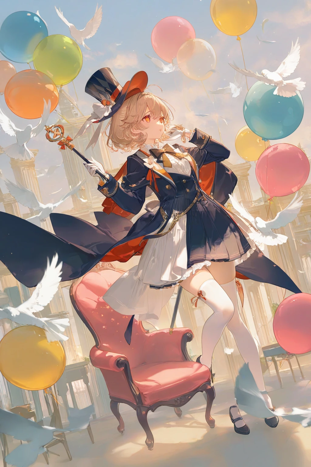 very aesthetic,high definition,masterpiece,illustratio,best quality,[artist:kedama milk],artist:ask(askzy),[artist:WANKE],artist:miji_black,artist:ciloranko,pastel xl,<lora:pastel xl:0.8>, -pastel xl, top hat, bird, dove, hat, cane, holding, thighhighs, chair, balloon, short hair, white thighhighs, klein moretti, cape, white gloves, jacket, 1girl, long sleeves, shoes, solo, bowtie, bow, wand