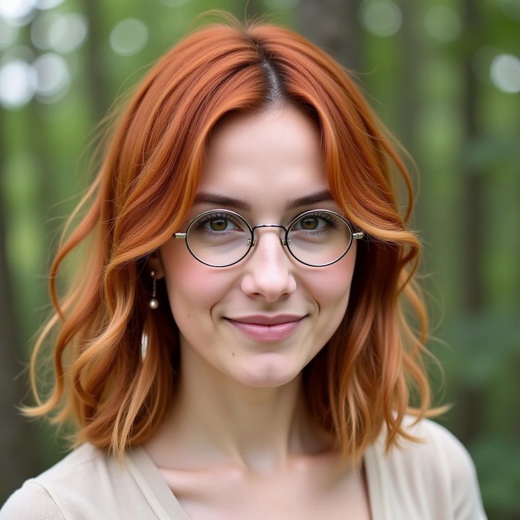 portrait photograph of a woman with copper hair. She is wearing small round wire-frame glasses. She is outside, with soft lighting accents. <lora:WireframeGlasses-RoundSmall_rank4_fp16-step00720:1>