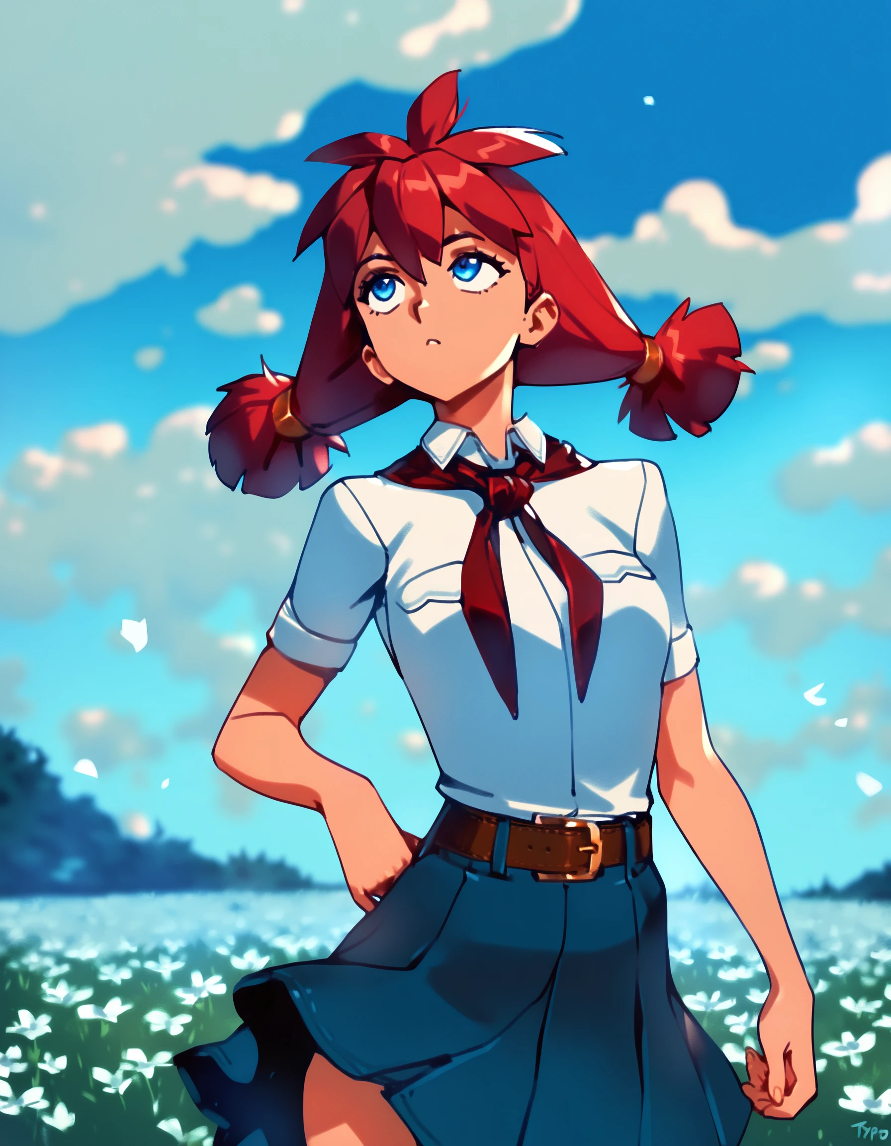 masterpiece, best quality,  optionaltypo,

1girl, us, red hair, blue eyes, medium breasts, low_twintails,

white collared shirt, blue skirt, (red neckerchief:1.05), short sleeves, brown belt, nelt buckle, 
 
standing, posing, grass, wind, summer, sky, clouds, flower field,  
 
 