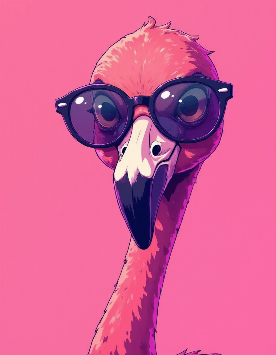 close up flamingo headshot wearing sun glasses in pink background in the style of liquid neon <lora:liquid-neon:1>