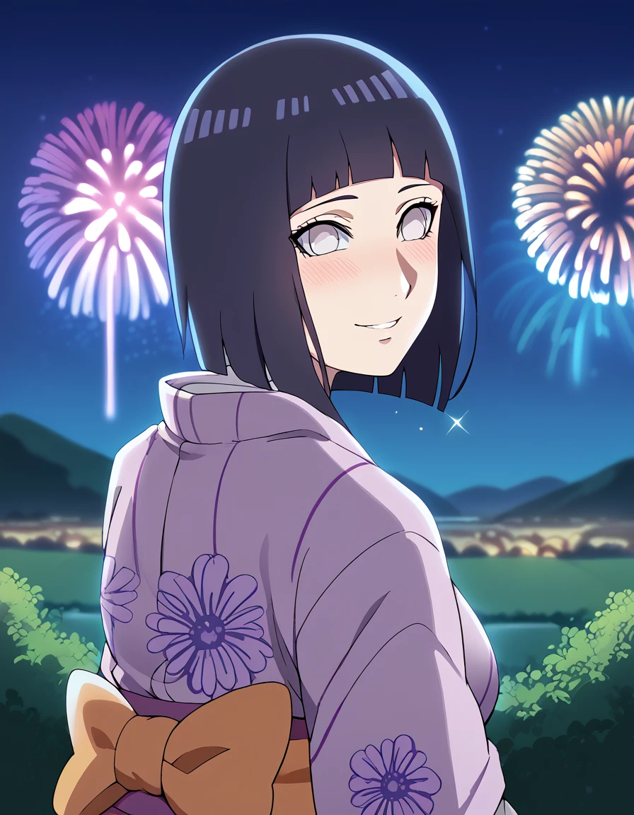 score_9, score_8_up, score_7_up, source_anime, <lora:hinata-hyuuga-boruto-anime-ponyxl-lora-nochekaiser:1>, hinata uzumaki, hyuuga hinata, short hair, bangs, black hair, blunt bangs, white eyes, mature female, large breasts,, <lora:aerial-fireworks-ponyxl-lora-nochekaiser:1>, aerial fireworks, blurry background, blush, smile, fireworks, from behind, looking at viewer, looking back, night, night sky, outdoors, sparkle,, japanese clothes, kimono, new year, obi, obiage, obijime, sash, wide sleeves, floral print, <lora:shaft-look-ponyxl-lora-nochekaiser:1>, shaft look, looking back, from behind, head tilt,, cowboy shot, solo, cityscape, mountainous horizon, night, outdoors,