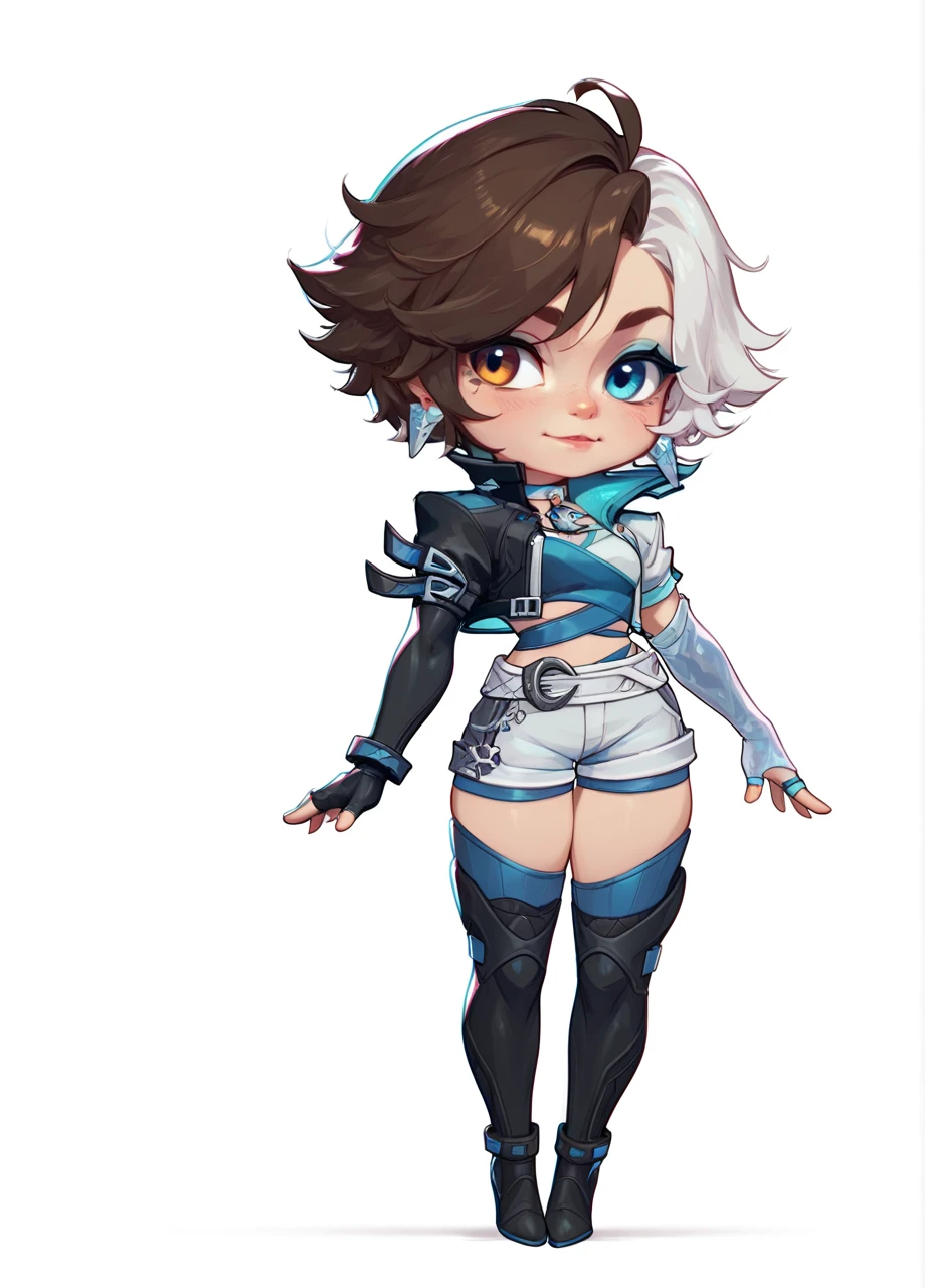 1girl, solo, full body, chibi, white background, mrlunasnow, short hair, two-tone hair, heterochromia, elbow gloves, cropped jacket, belt, shorts, thigh boots, eyeshadow, choker, earrings <lora:MR_LunaSnow-PONY:0.8>, score_8_up, score_7_up, score_6_up, score_5_up