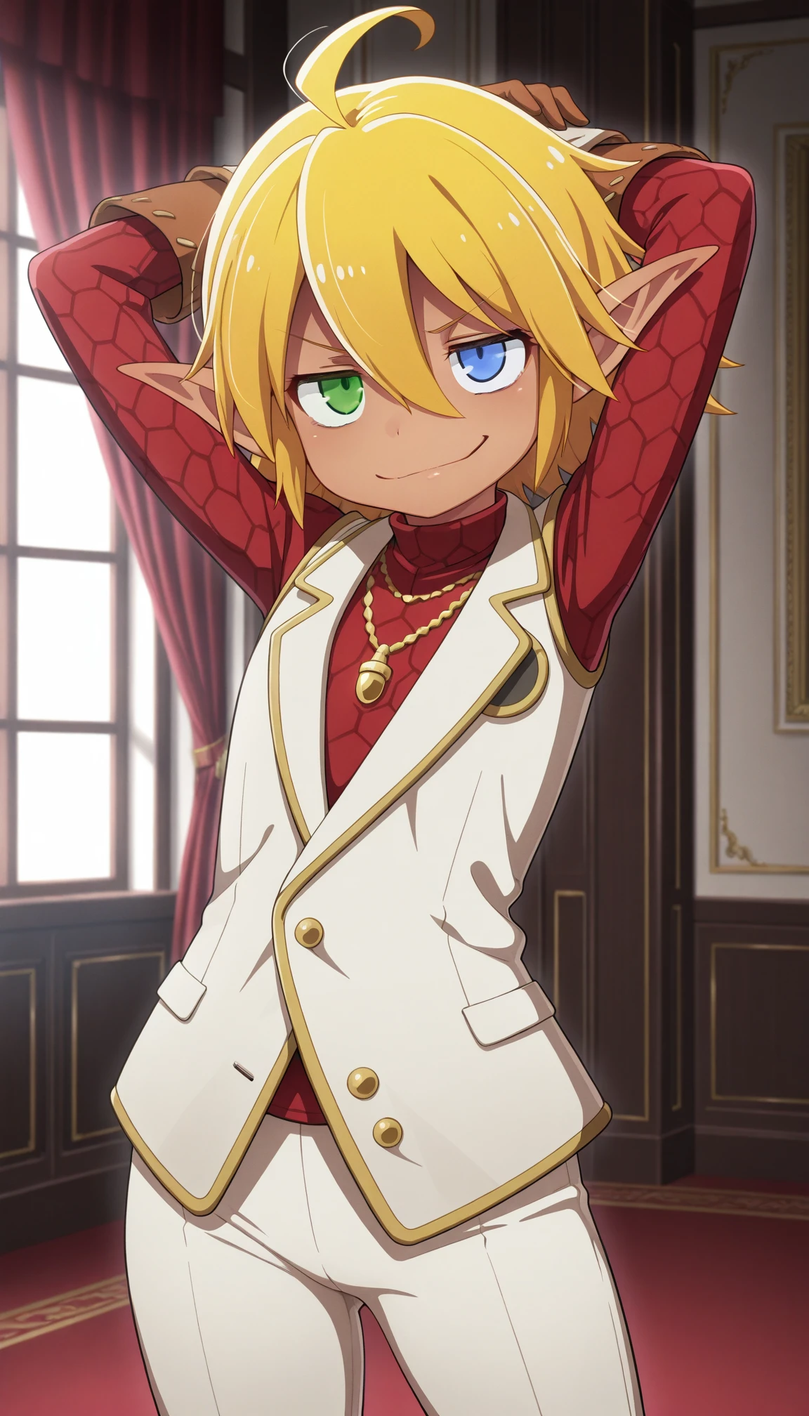 masterpiece,best quality,amazing quality, 1girl, solo, <lora:IlluAura:1> illuaura, dark skin, pointy ears, green eyes, blue eyes, heterochromia, blonde hair, short hair, ahoge, hair between eyes, vest, necklace, jewelry, gloves, smirk, arms behind head, cowboy shot, indoors,