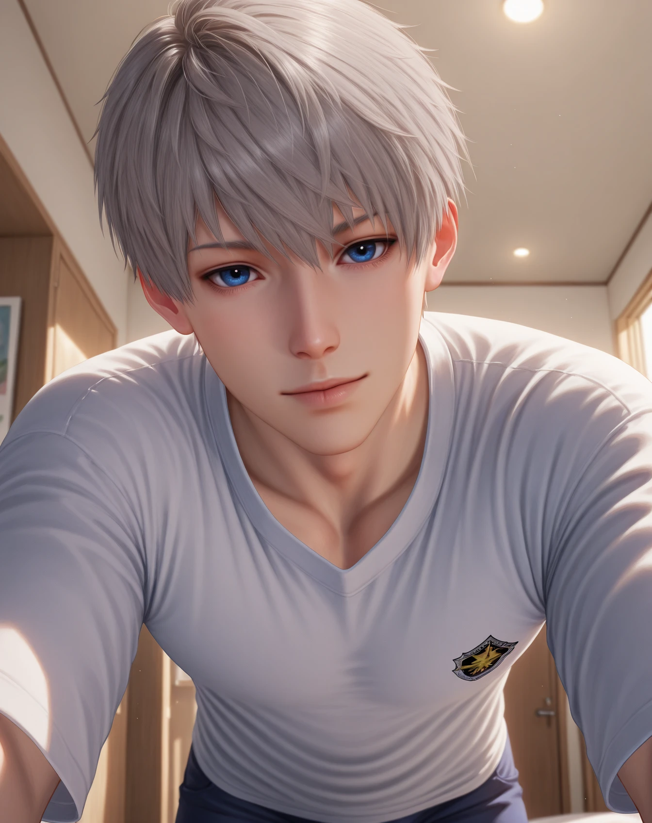 masterpiece, best quality, absurdres, very aesthetic,
1boy, solo, yaoi, male focus, realistic,
looking at viewer, cowboy shot, facing viewer,
<lora:Xavier_LnDS:1> xavierlnds, grey hair, blue eyes, short hair,
indoors,