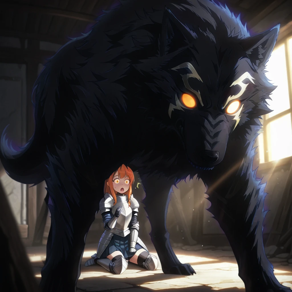 masterpiece,best quality,amazing quality, depth of field, sunlight, lens flare, morning, <lora:IL_Shangri-la_Frontier_Lycagon_the_Nightslayer:0.8> shflynsl, wolf, orange eyes, glowing eyes, glowing, monster, BREAK (1girl:1.4), knight, armored dress, pleated skirt, surprised, wide-eyed,