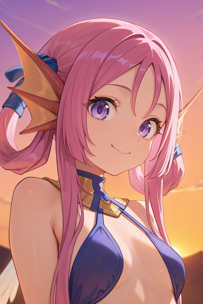 masterpiece, very aesthetic, absurdres, best quality, amazing quality, high resolution, <lora:illustrious_quality_modifiers_masterpieces_v1:0.8> , <lora:ChamIllustriousBackgroundEnhancer:0.5>, solo, <lora:NietzscheIL:0.8> , niedef, 1girl, hair rings, pink hair, long hair, sidelocks, purple eyes, monster girl, head fins, wings, jewelry, halterneck, bridgeless bra, bikini top only, usekh collar, face, close-up, portrait, smile, looking at viewer, sunset,