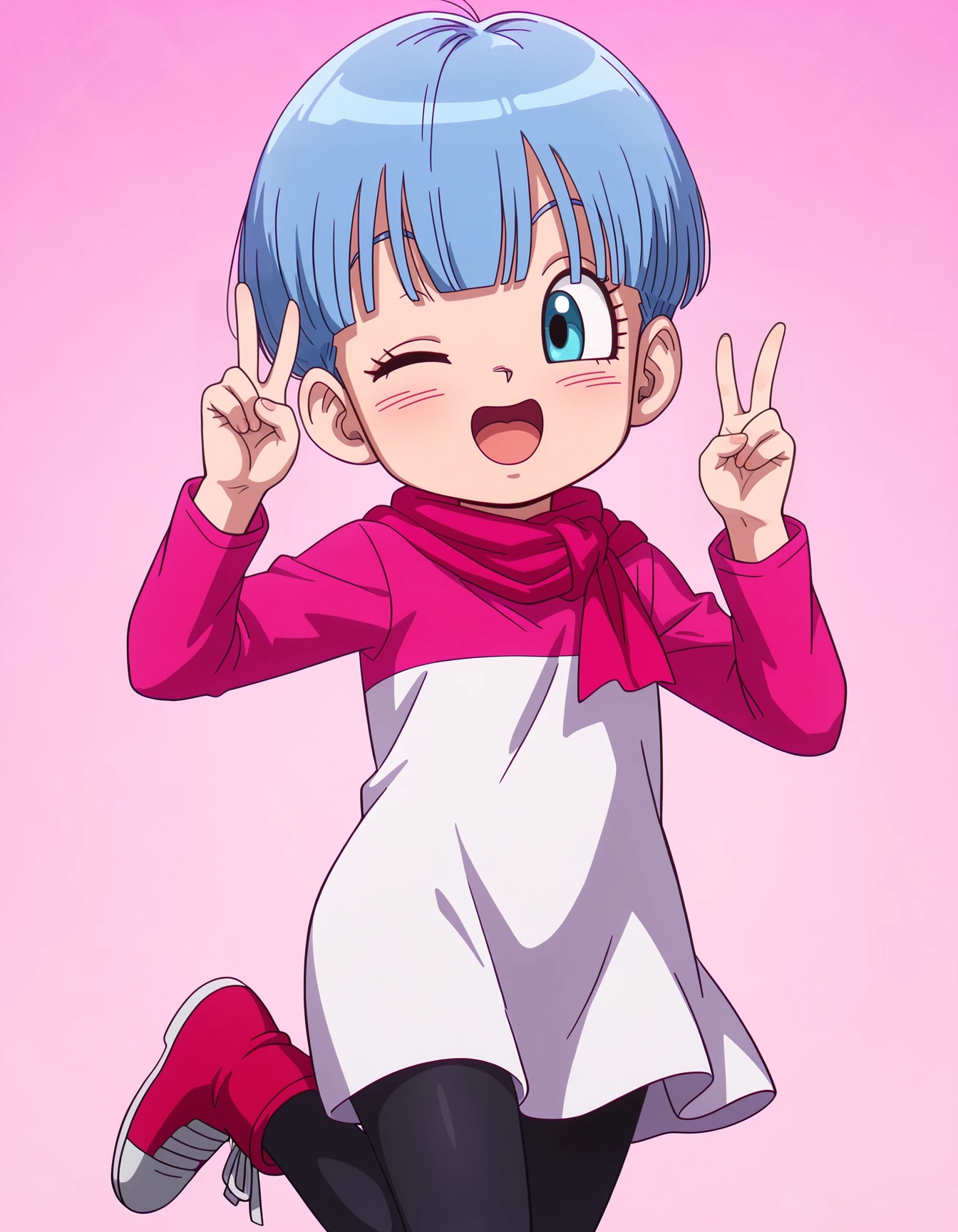 IllustriousQual, simple background, high quality, solo,
<lora:Daima-IL_epoch_12:0.8> dbdaima, bulma, short hair, blue hair, blue eyes, pink dress, white dress, two-tone dress, black pantyhose, red footwear, ankle boots,
aged down, child, double v, one eye closed, blush, open smile,