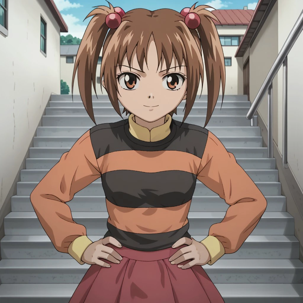 best quality, masterpiece, break, solo, shiori_mnh, brown hair, twintails, hair bobbles, long sleeves, skirt, hands on hips, looking at viewer, stairs, outdoors