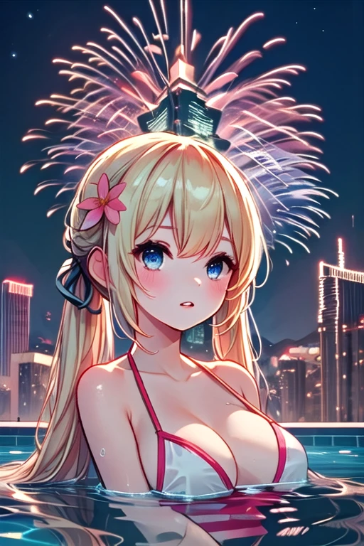 ((rooftop pool)), ((aerial fireworks)), taipei_101, skyscraper, 1girl, blonde hair, twintails, ribbon, parted lips, slim figure, bikini, hair flower, partially submerged in water, swimming, city, sky, cityscape, skyline, horizon, night, night sky, city lights, scenery, outdoors, from below, <lora:girllikerooftoppool:0.9>