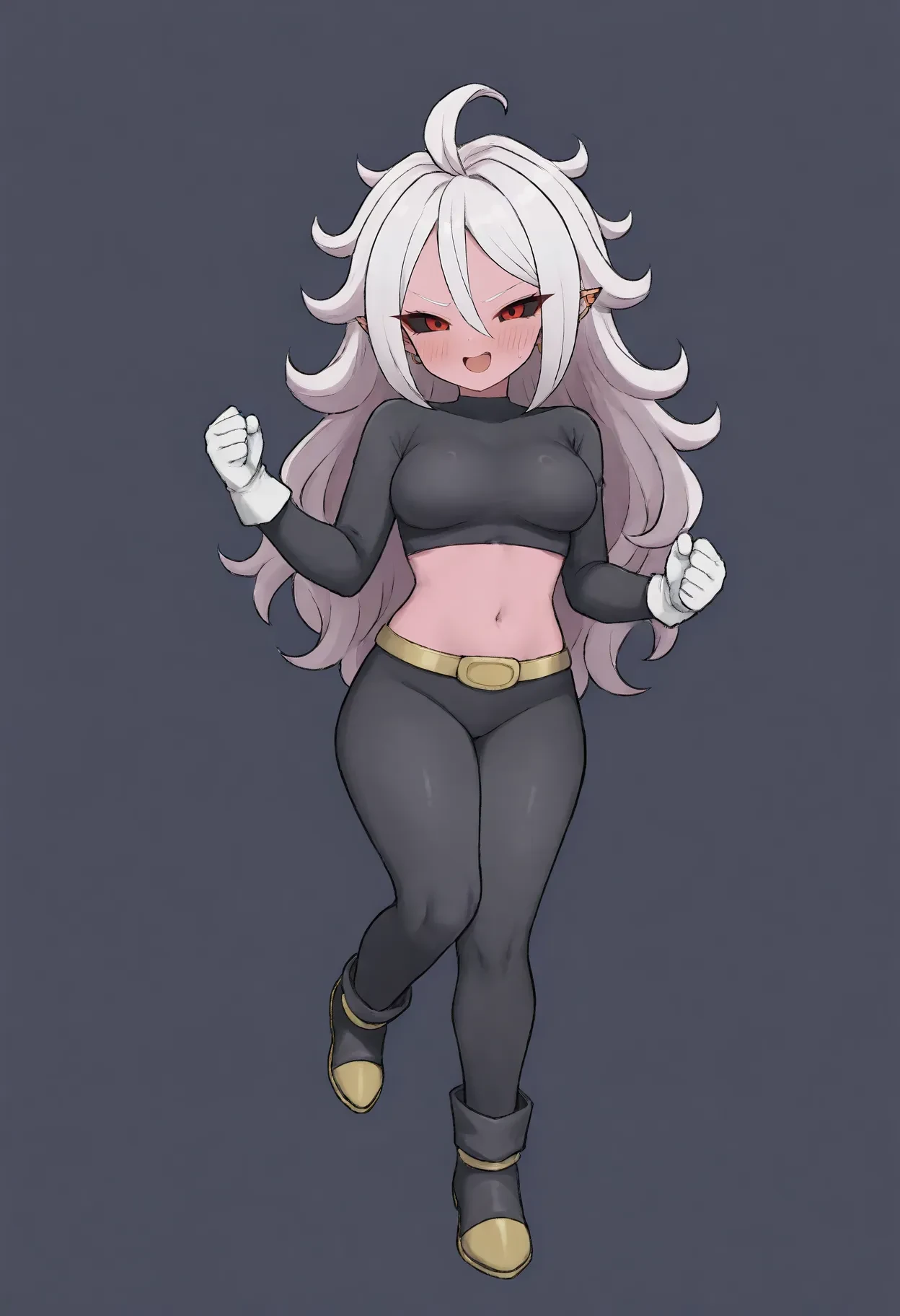 Dark-skinned tomboyish woman, black dragon horns on head, short Android 21 silver hair, violet eyes, long pointy ears, dragon scales on skin, gold earrings, mischievous smile, white cropped halter top, dark blue jeans, black studded belts, jean chains, hands on hips, powerful pose, dark gradient background, detailed face, 1girl